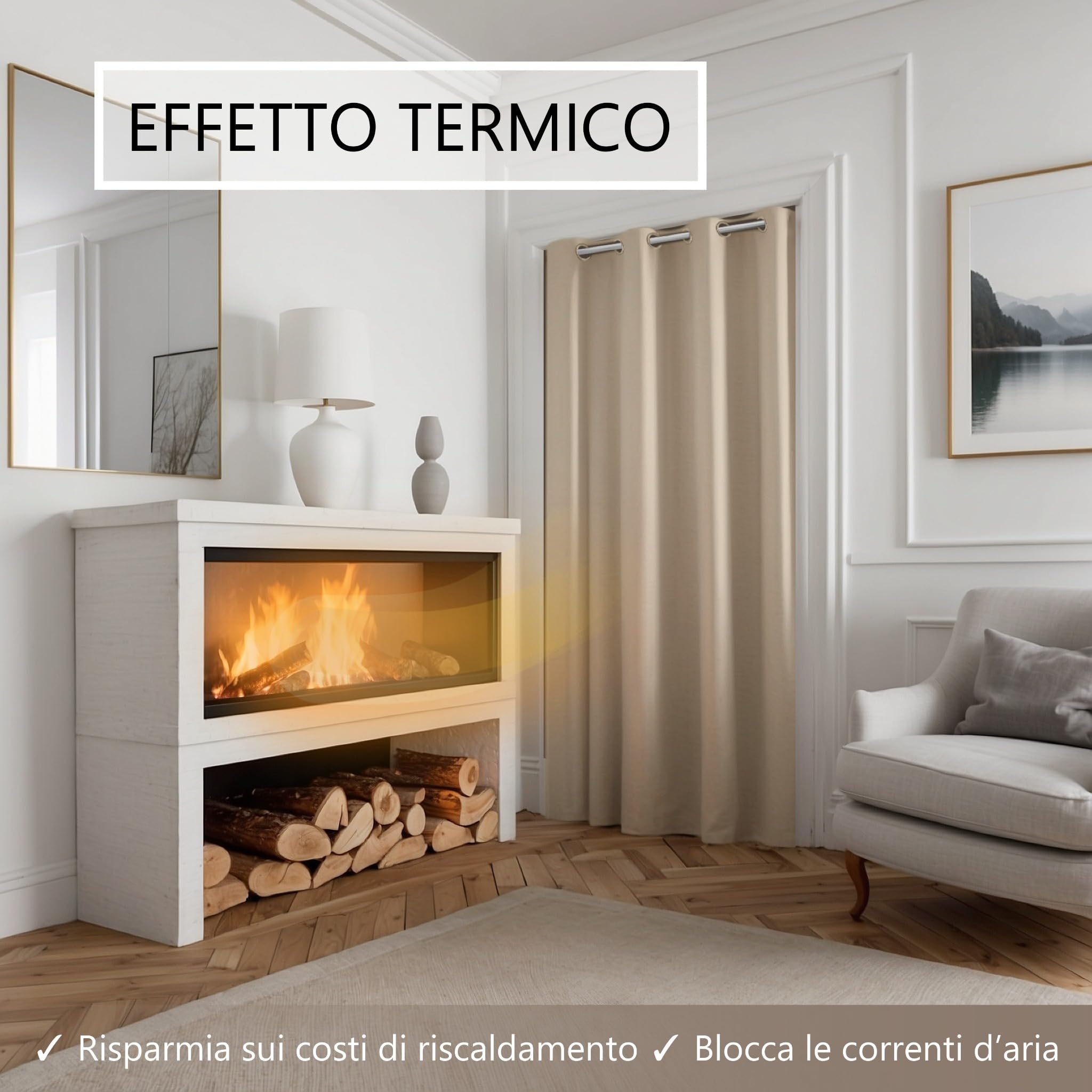 tenda per porta o armadio con asta telescopica, facile da installare in 1 solo minuto senza forare (tenda beige + asta bianca, larghezza porta 55-90 cm)