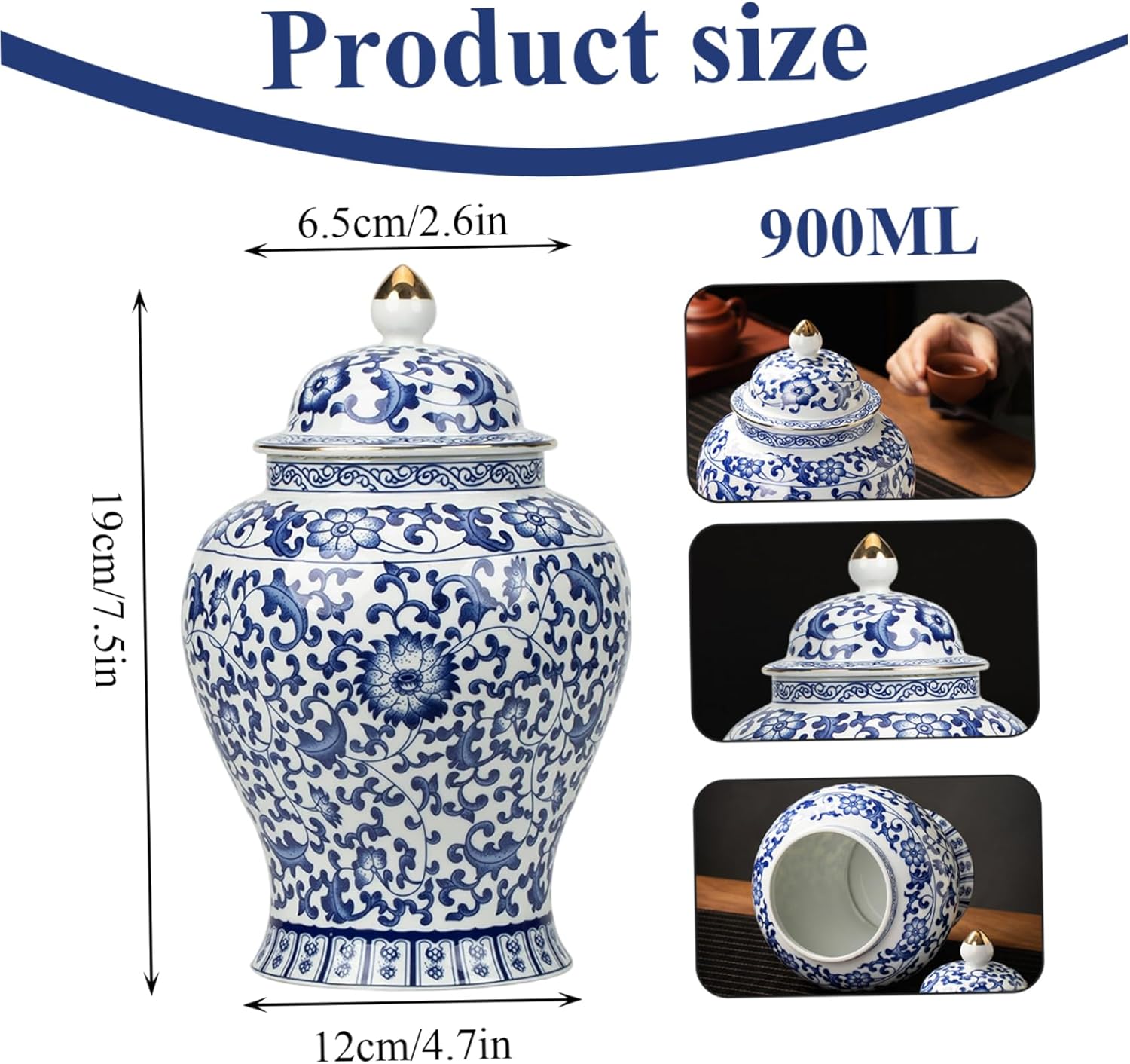 Blue and White Ginger Jar 900ml/30oz Ceramic Jar with Lid Lotus Design Decorative Tea Container Sealed Storage Chinoiserie Style Vase for Home Decor