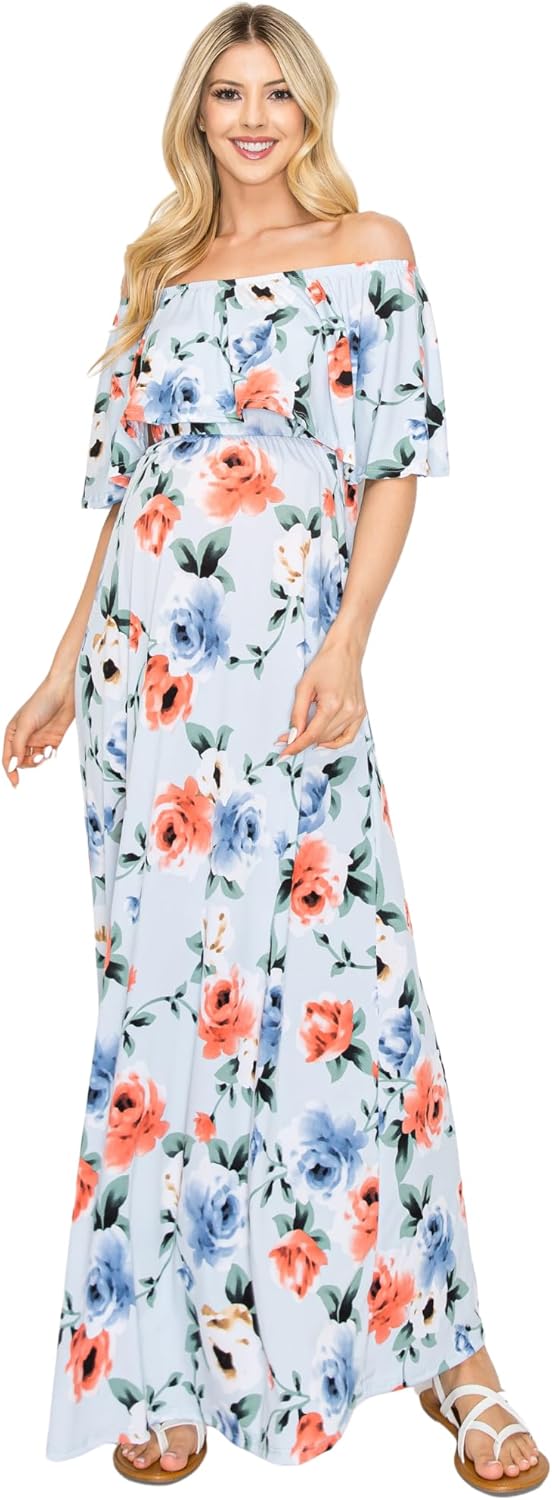 My Bump Women's Ruffle Off The Shoulder Maxi Maternity Dress-Made in USA