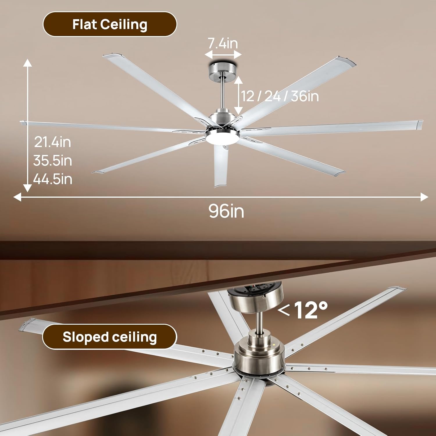 Minislak 96 Inch Industrial Ceiling Fans with Light,Brushed Nickel HVLS Ceiling Fan with 6 Speeds Reversible Motor,High CFM Indoor/Outdoor Ceiling Fan with 7 Aluminum Blades for Barn shop,Commercial