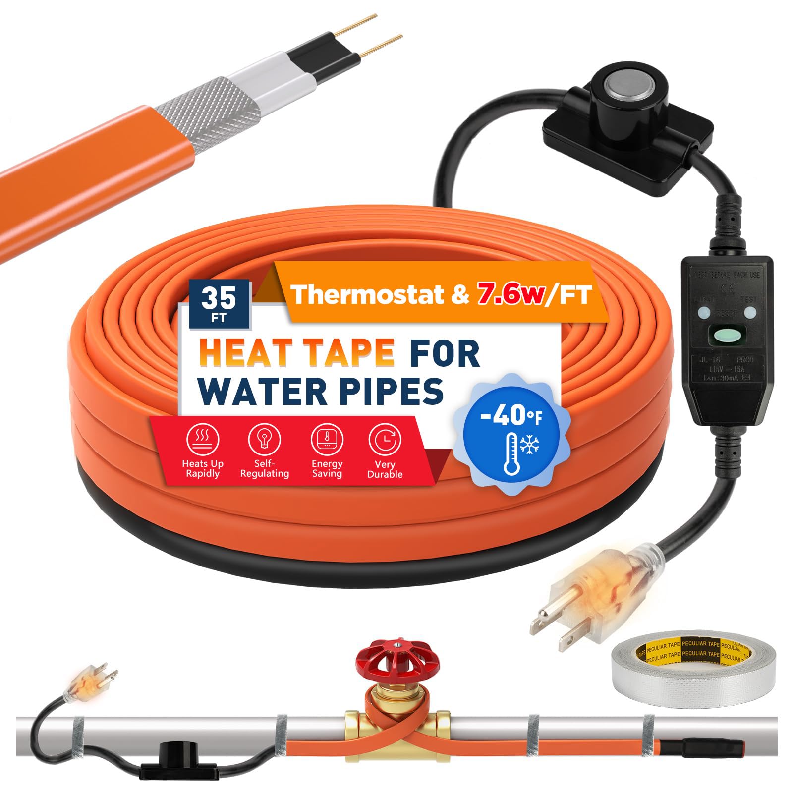 35 FT Heat Tape for Water Pipes, 7.6W/FT UL & ETL Self-Regulating Pipe Heating Cable with Thermostat for Pipe Freeze Protection, Waterproof Heat Tape for Metal and Plastic (Leakage Protector)