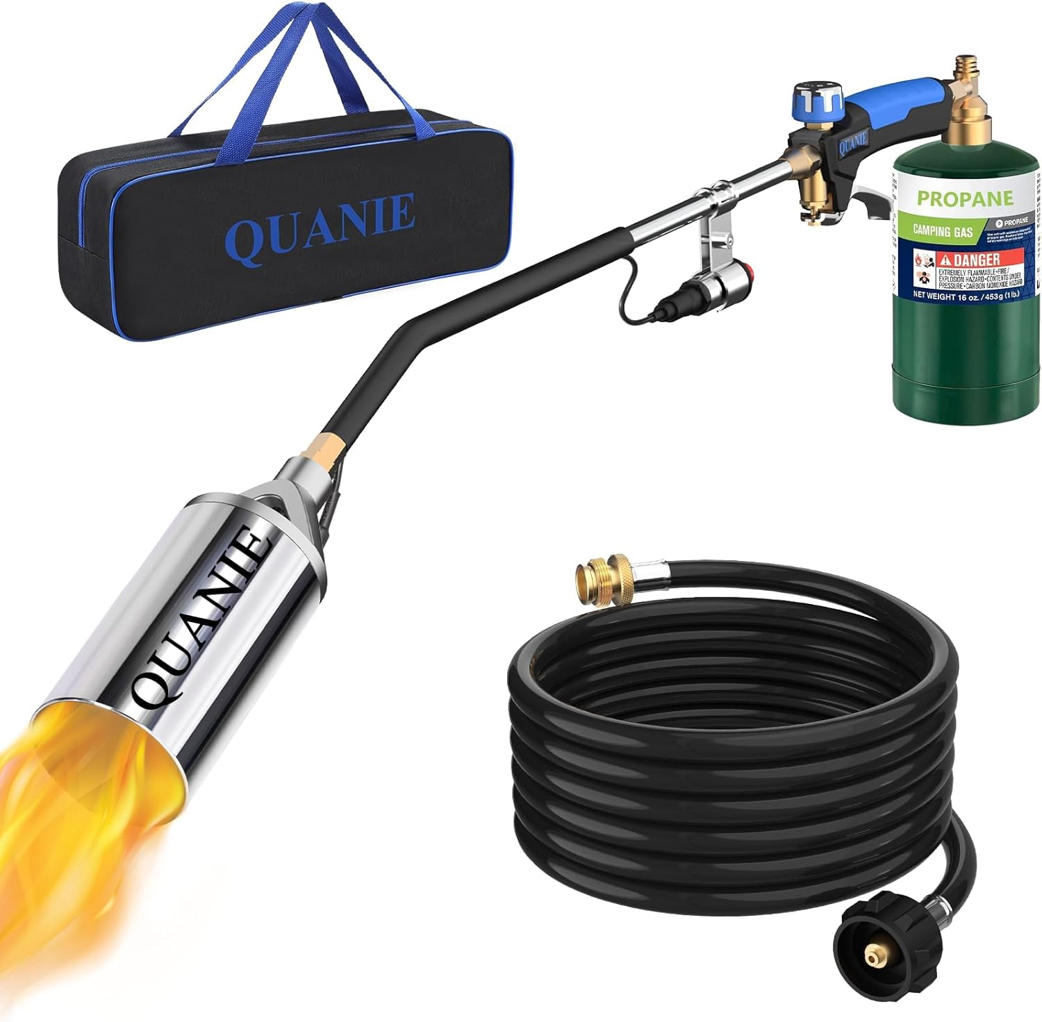Propane Torch Weed Burner Kit,Weed Torch Blow Torch with 1lb Propane Cylinder Adapter and Storage Bag,Flamethrower with Turbo Trigger and 10FT Hose for Flame Weeding,Roofing,Melting Ice Snow