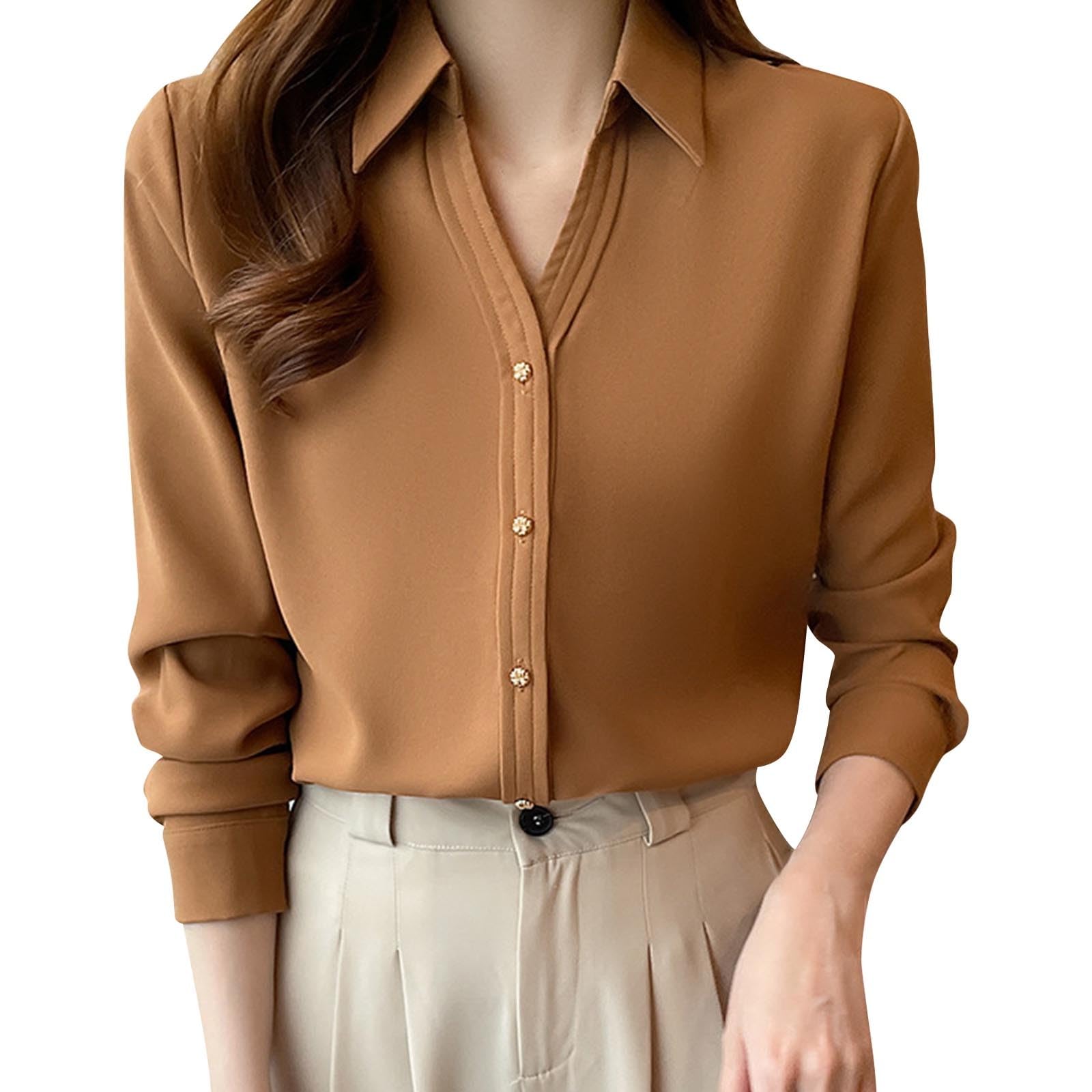 Womens Blouses Long Sleeve Elegant Collared Tops Basic Business Dress V Neck Work Formal Outfits Loose Solid Color Shirt