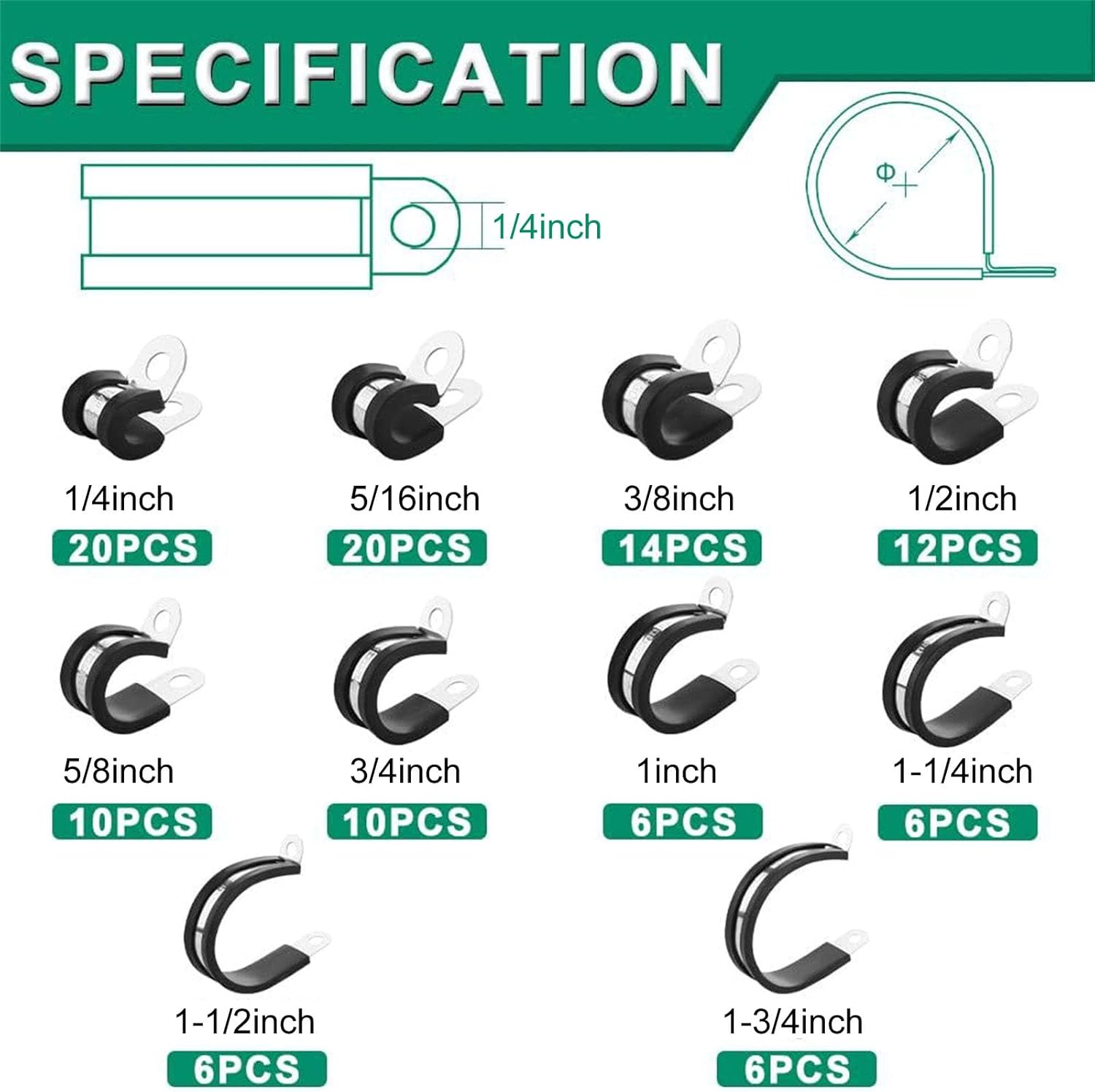 110Pcs Cable Clamps Assortment Kits Stainless Steels Rubber Cushion Pipe Automotive Wire Pipe Enduring Cable Clamps Assortment Kits