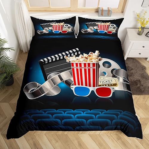 Miniatura 8 de Juego de funda de edredón con temática de película, escenas de cine, palomitas de maíz, para niños y niñas, funda de edredón de película retro