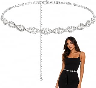 Bruislard Rhinestone Belt for Women, Sparkly Thin Silver Waist Chain Belt Crystal Diamond Belts Adjustable Bridal Thin belts for Dresses Wedding Party