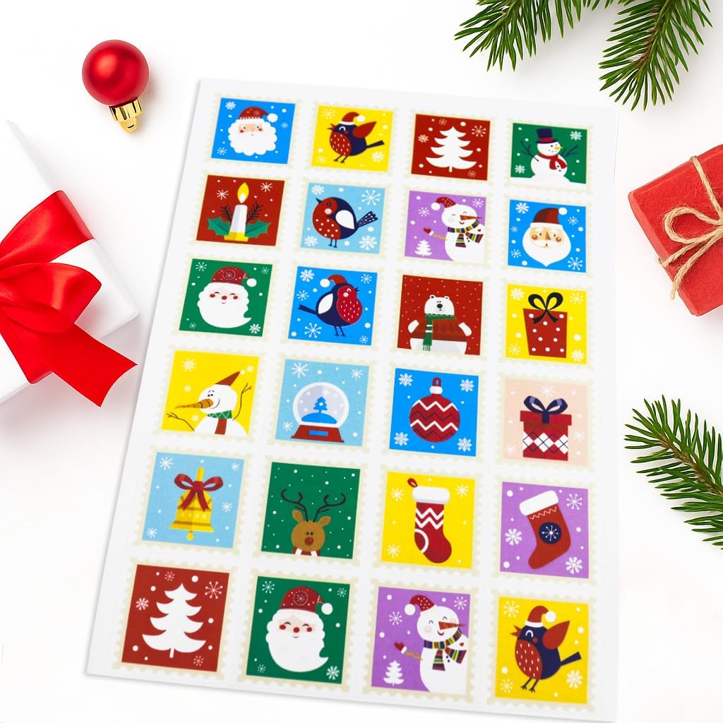 24 Adet Kare Yılbaşı Etiketi – 4x4 cm Noel Sticker Seti | Kare Şekilli Yeni Yıl Hediye Paketleme Etiketleri, Advent Calendar, Renkli Noel Süsleme Stickerları