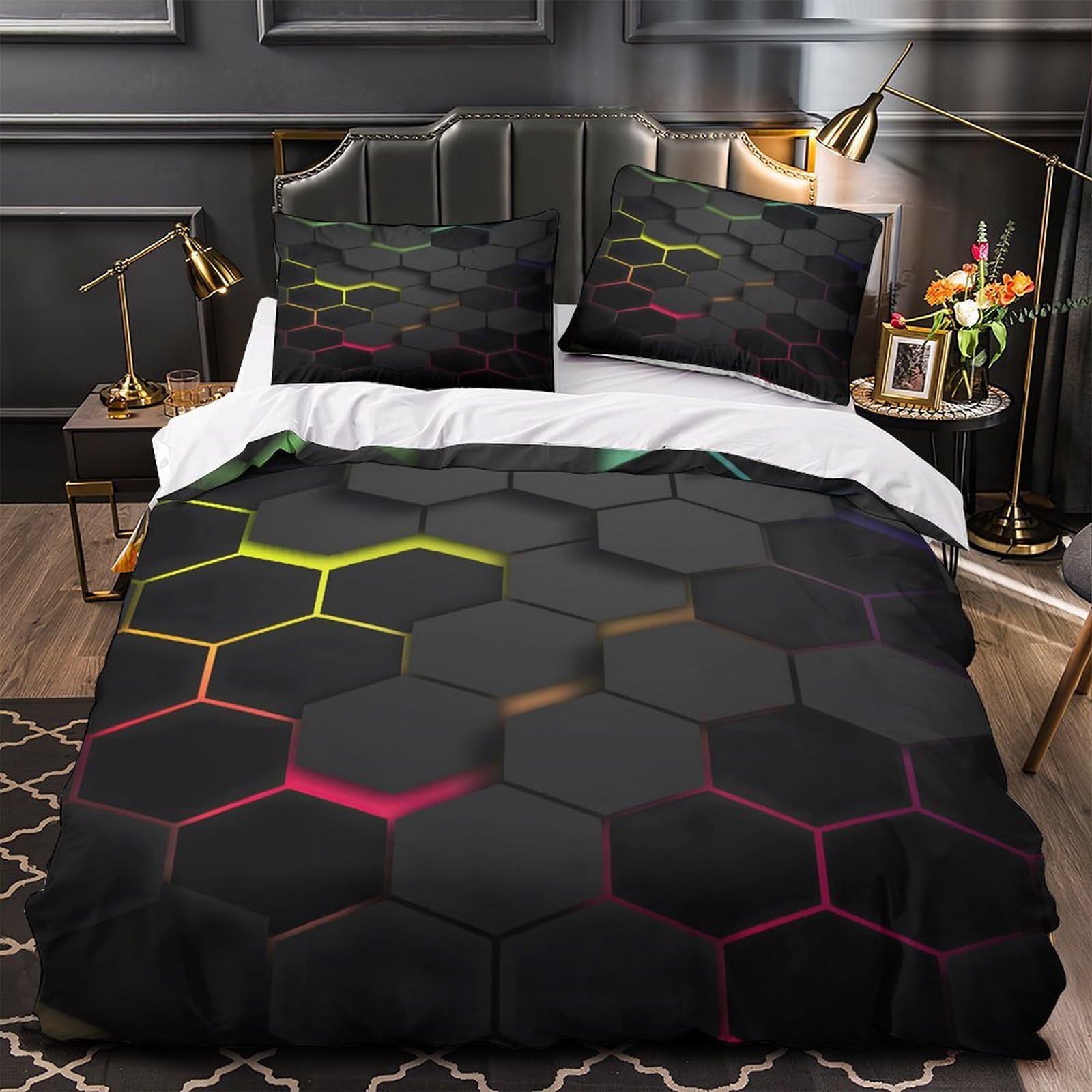 Housse de couette hexagonale 3D parure de lit microfibre 140x200 fille ado