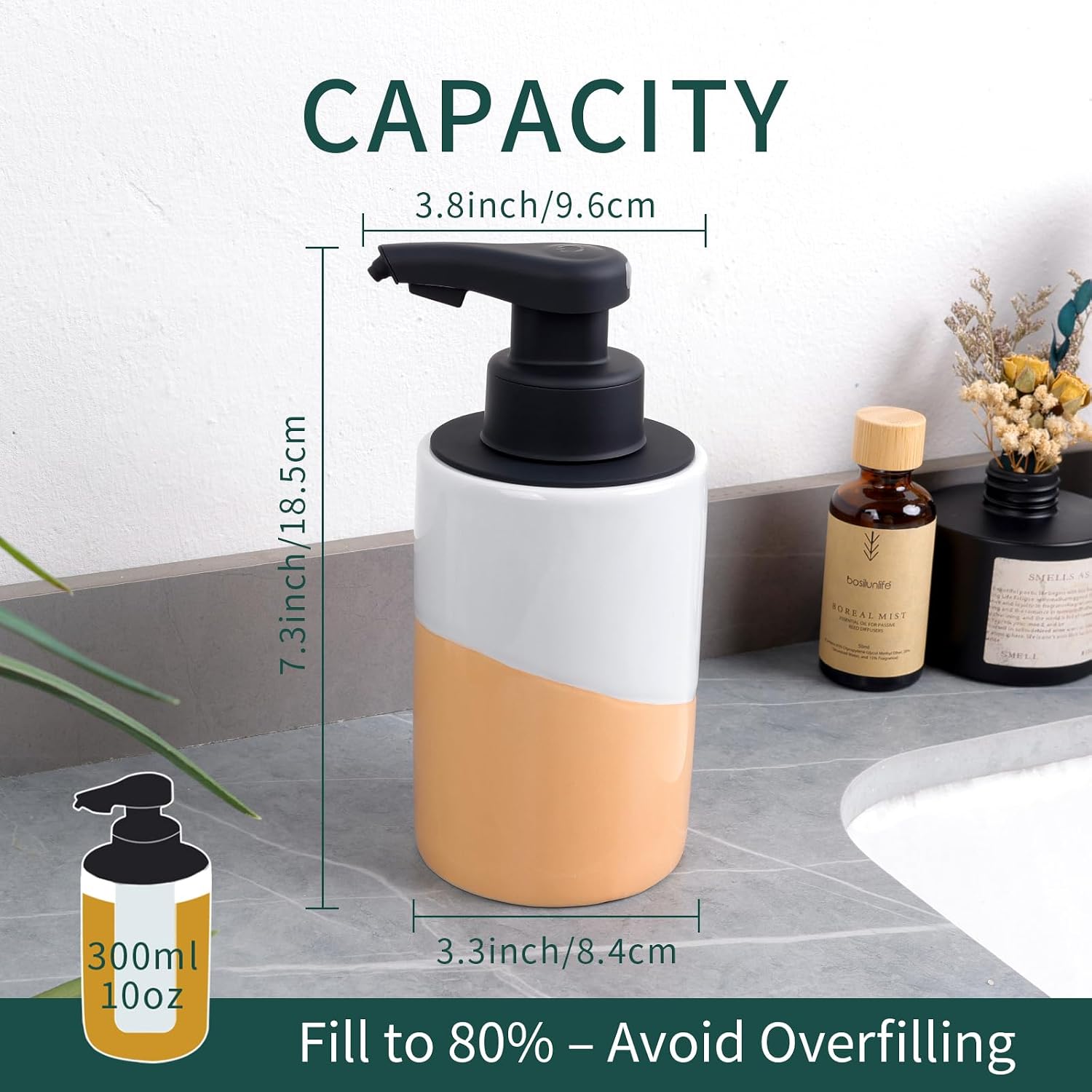 BosilunLife Automatic Soap Dispenser Ceramic Hand Free Soap Dispenser with Waterproof Pump Rechargeable Smart Electric Soap Lotion Dispenser Touchless for Kitchen Bathroom (White-Orange, Liquid Pump)
