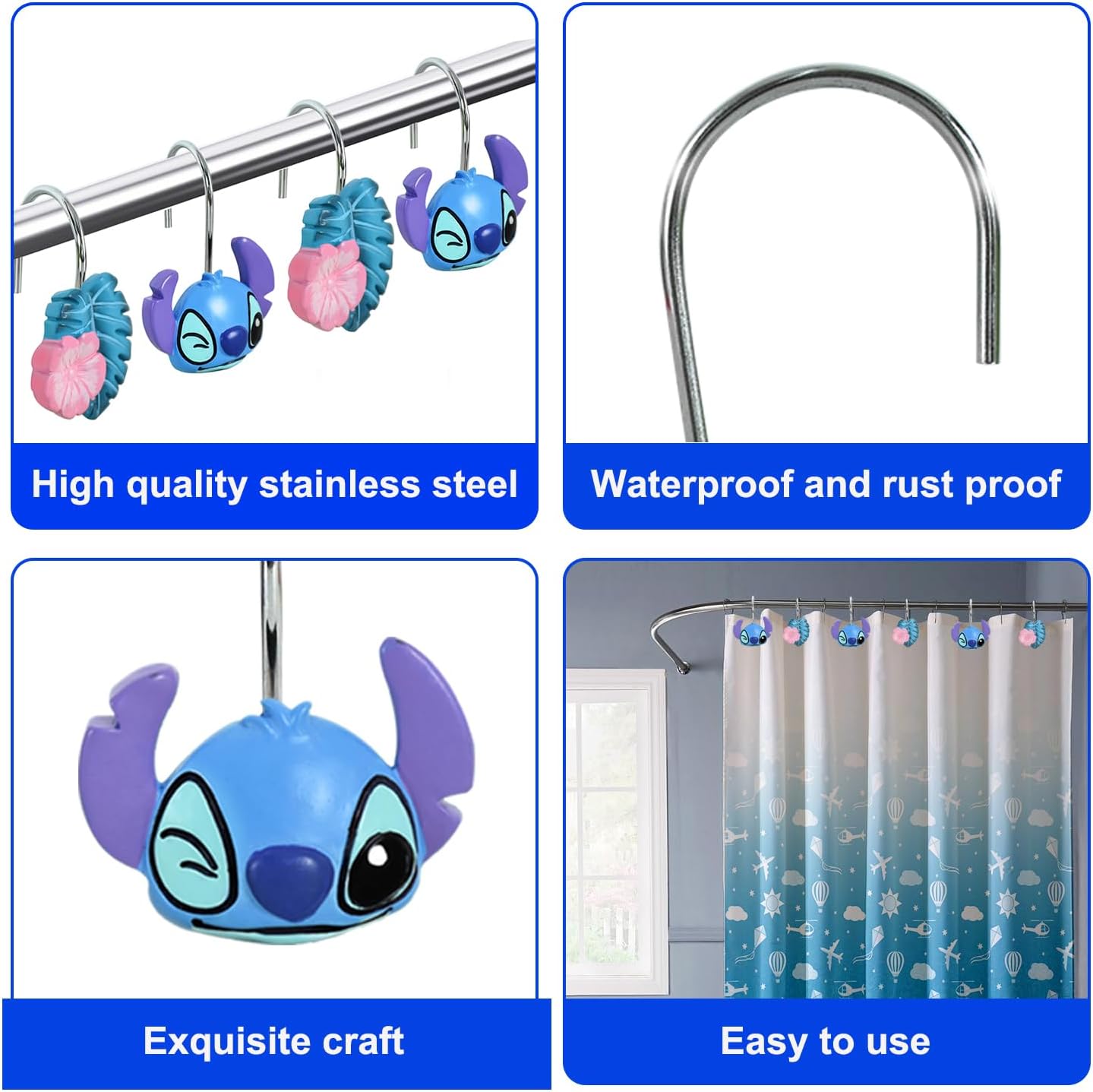 12-Piece Blue Cute Shower Curtain Hooks for Bathroom image 4