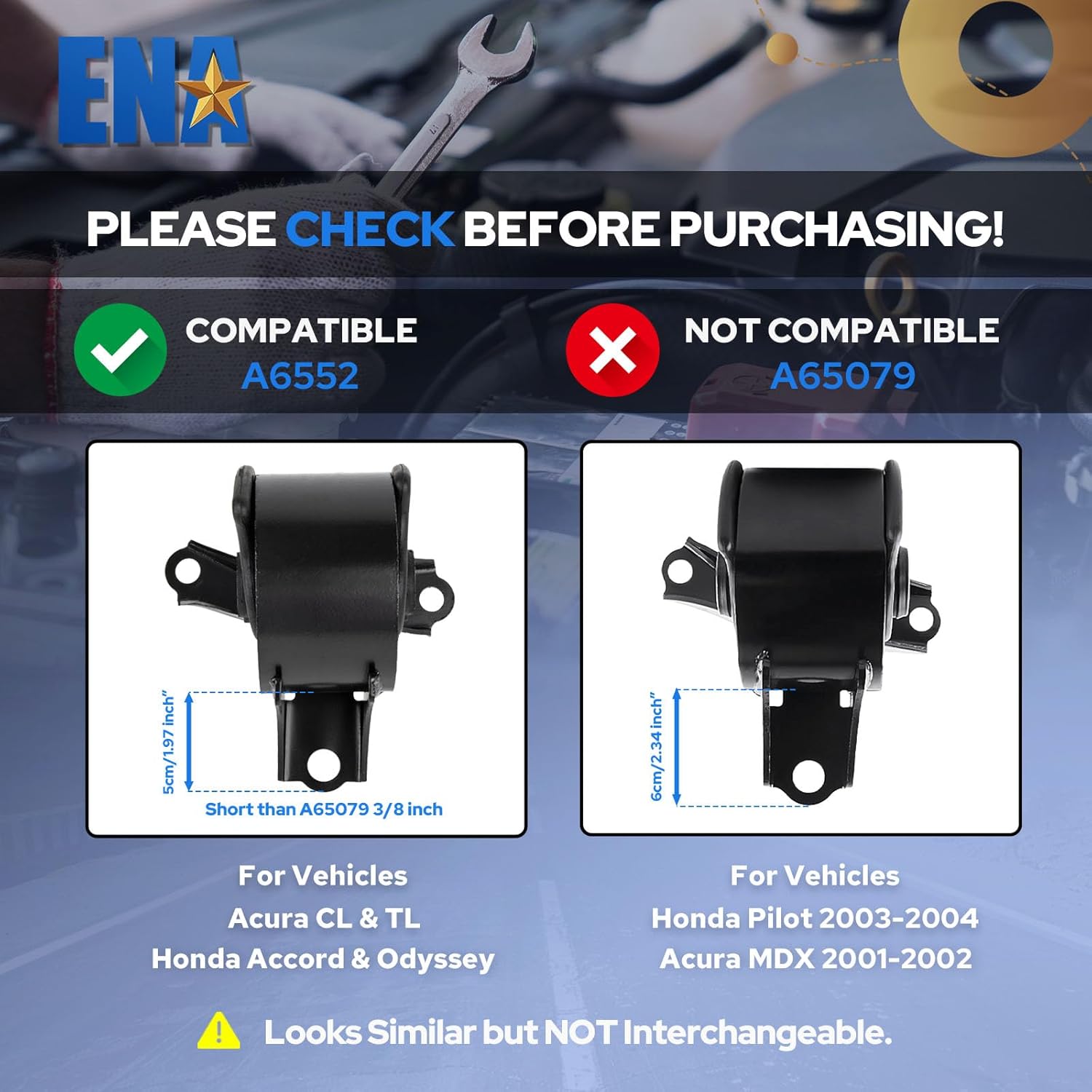 ENA Front Right Engine Motor Mount Compatible with Honda Accord 1998-2002 V6 3.0L, Odyssey 1999-2004 V6 3.5L, Acura CL 2001-2003 V6 3.2L, TL 1999-2003 V6 3.2L Replacement for A6552 EM8974 50820S0KA81