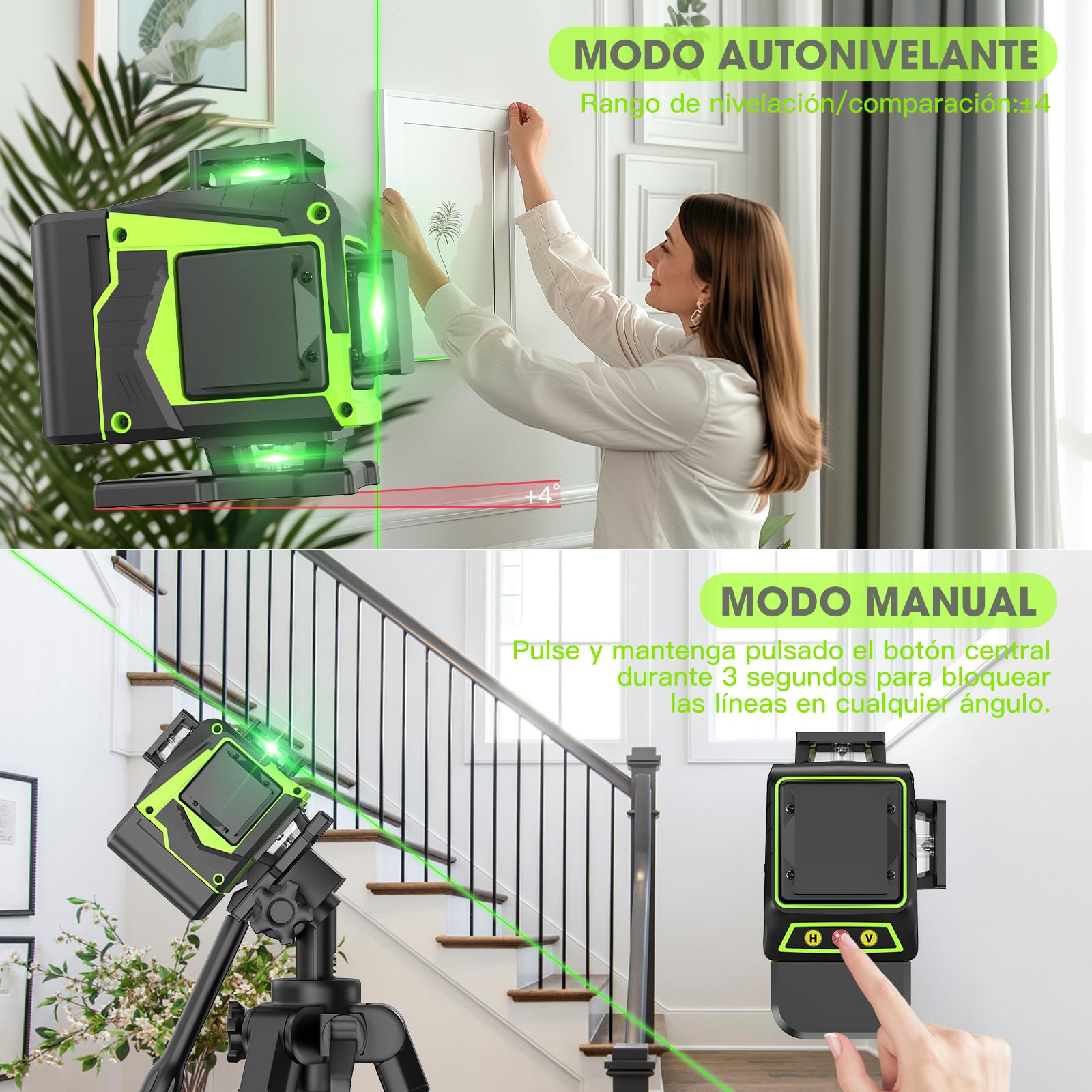 Nivel Laser Autonivelante 360 Grados con Trípode, Nivel Láser Verde 16 Líneas, 2 x 360 Horizontal y 2 x 360 Verticales, 2 x Batería, Montaje en Pared, Control Remoto, Base Magnética, Soporte Giratorio