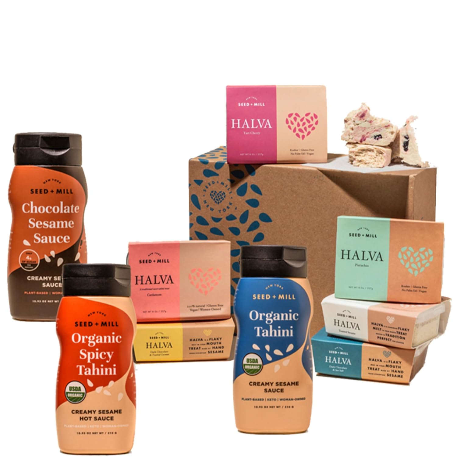 Seed + Mill - Halva - Ultimate Gift Set - Includes 3 10.93oz Squeeze Bottles of Tahini & 6 8oz Boxes of Halva - Vegan, Kosher, & Gluten Free - Enjoy This Vegan Snack and International Candy