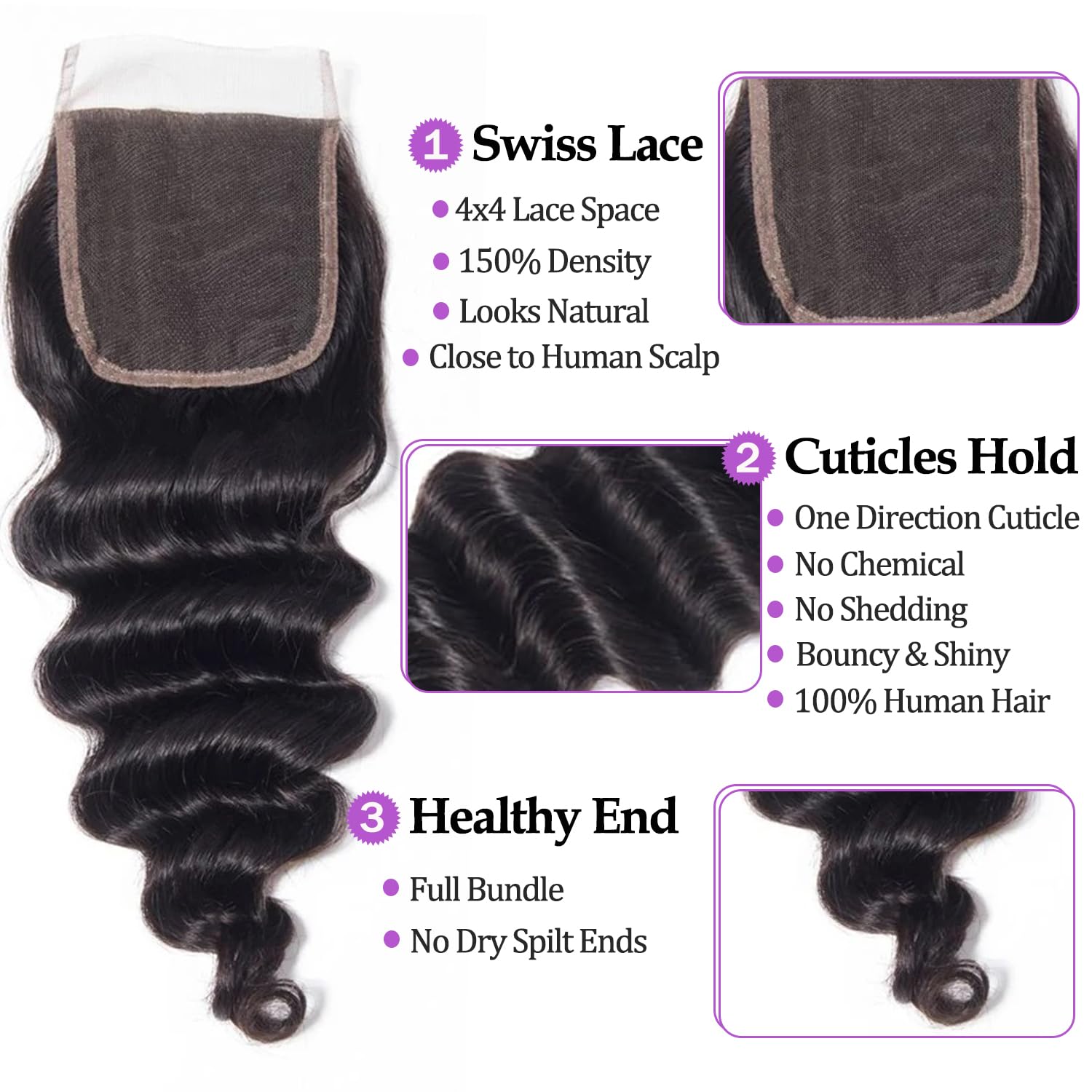 10A Raw Human Hair Bundles with 4x4 Loose Deep Wave Closure (20 22 24+20 Inch), Unprocessed Brazilian Virgin Curly Human Hair Bundles with Lace Closure Free Part Pre plucked Natural Color