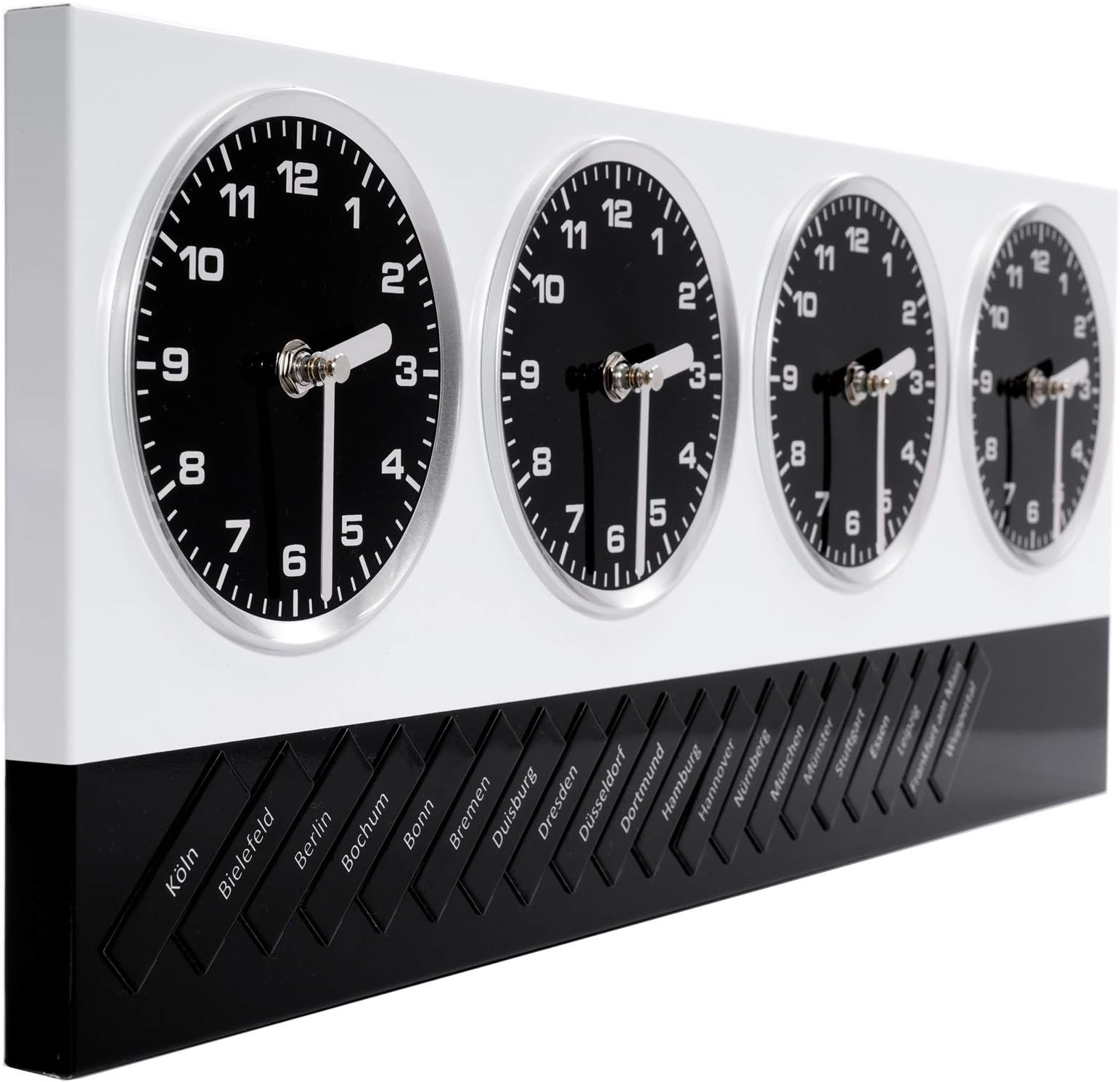 DESIGN DELIGHTS MODERN WALL CLOCK GLOBAL | white/black, 4 clockworks, 20 magnets with german cities and 7 world metropolises | wall decoration