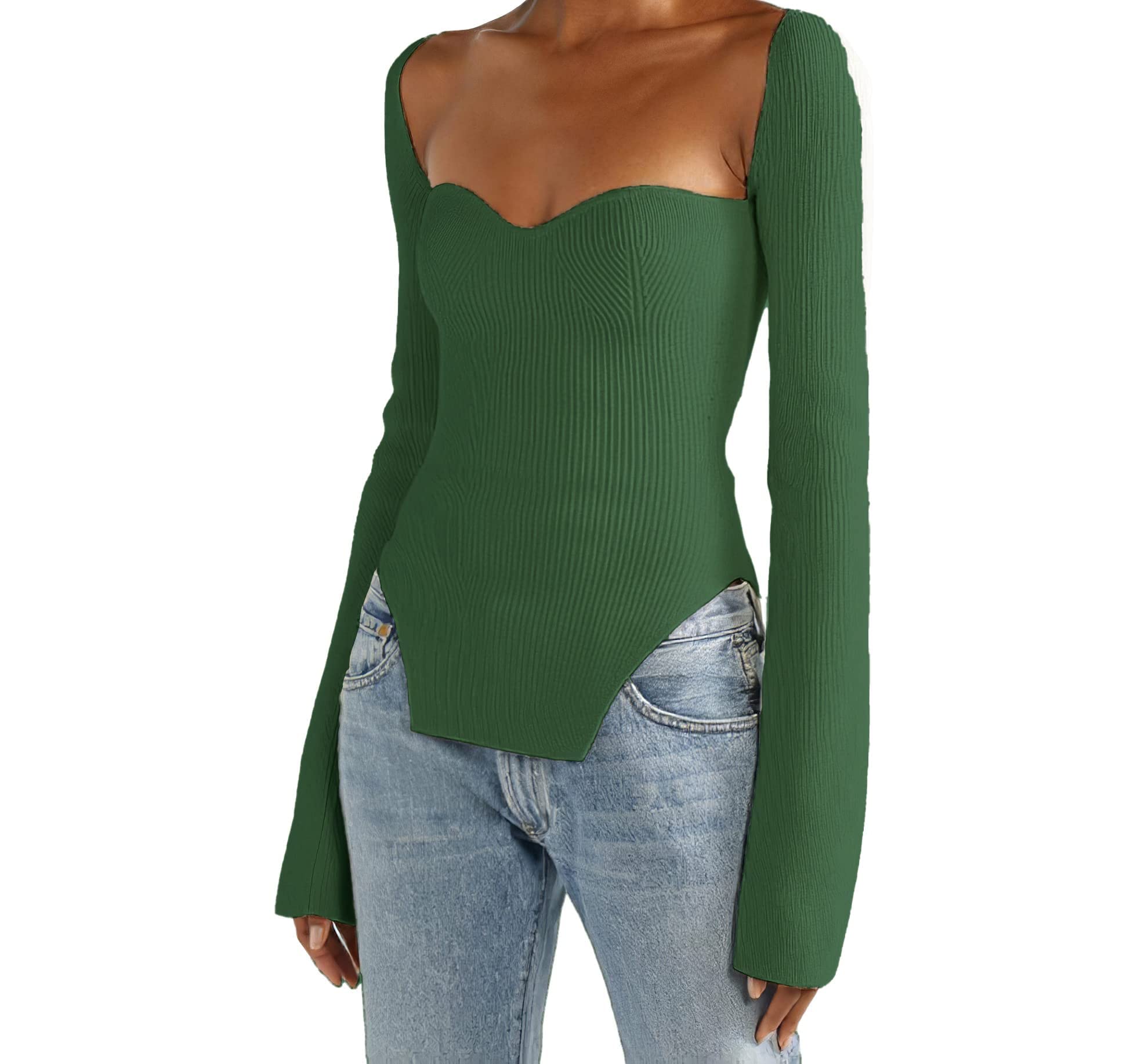 ZOCANIA Womens Square Neck Ribbed Knitted Sweater Long Sleeve Crop Slim Fitted Pullover Tops Sweaters for Women