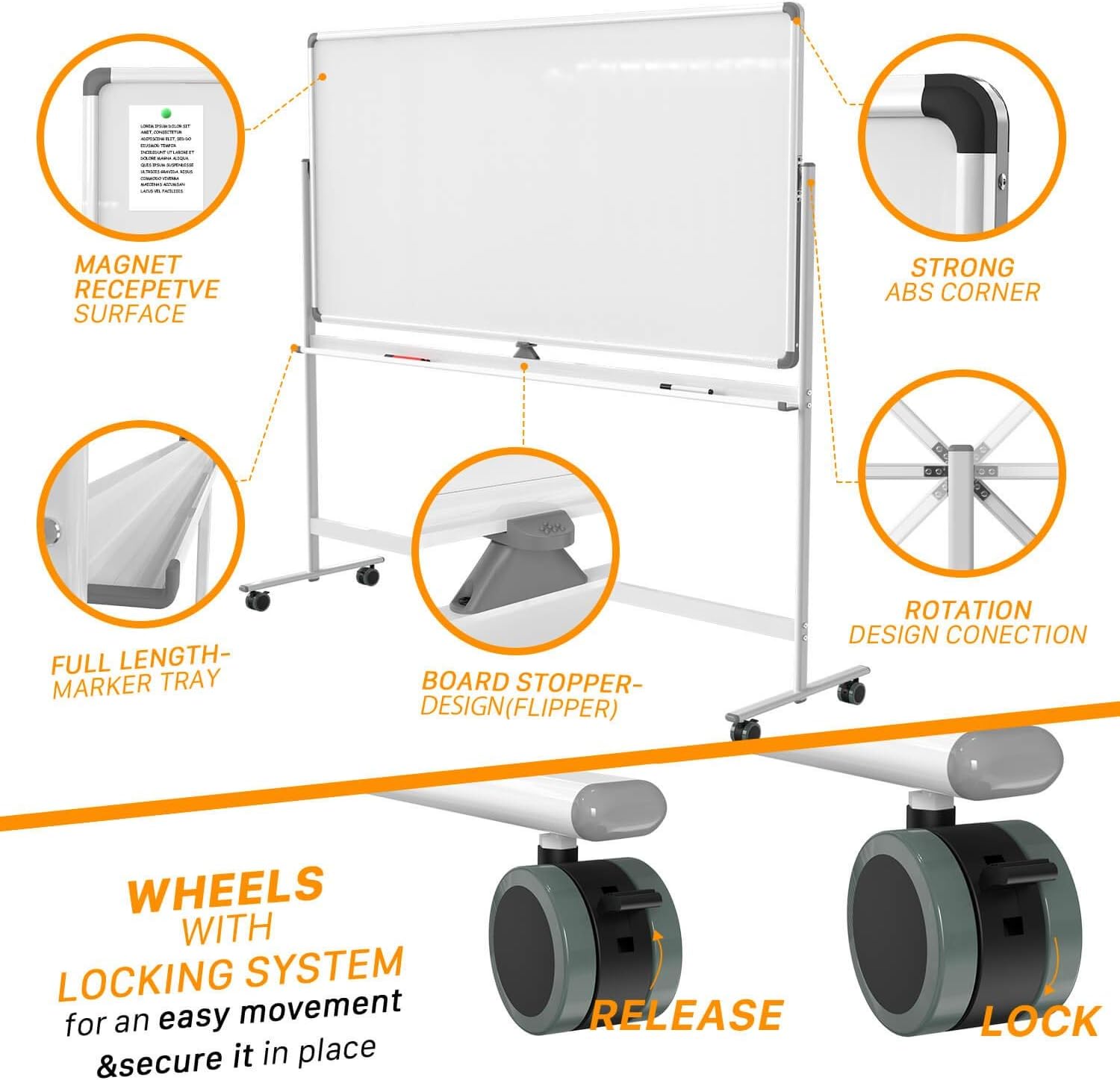 Dry Erase Whiteboard Easel on Wheels - 48'' x 32'' Large Double Sided Mobile Whiteboard, Reversible Magnetic Rolling White Board for Home Office Classroom, Flip Chart Holders and Paper Pad