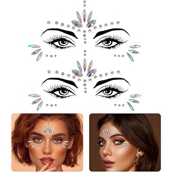 Glitter Face Pack of 2 Glitter Face Gemstones Glitter Stones for Sticking Face Rhinestones Temporary Tattoos for Halloween Carnival Music Festival Parties White