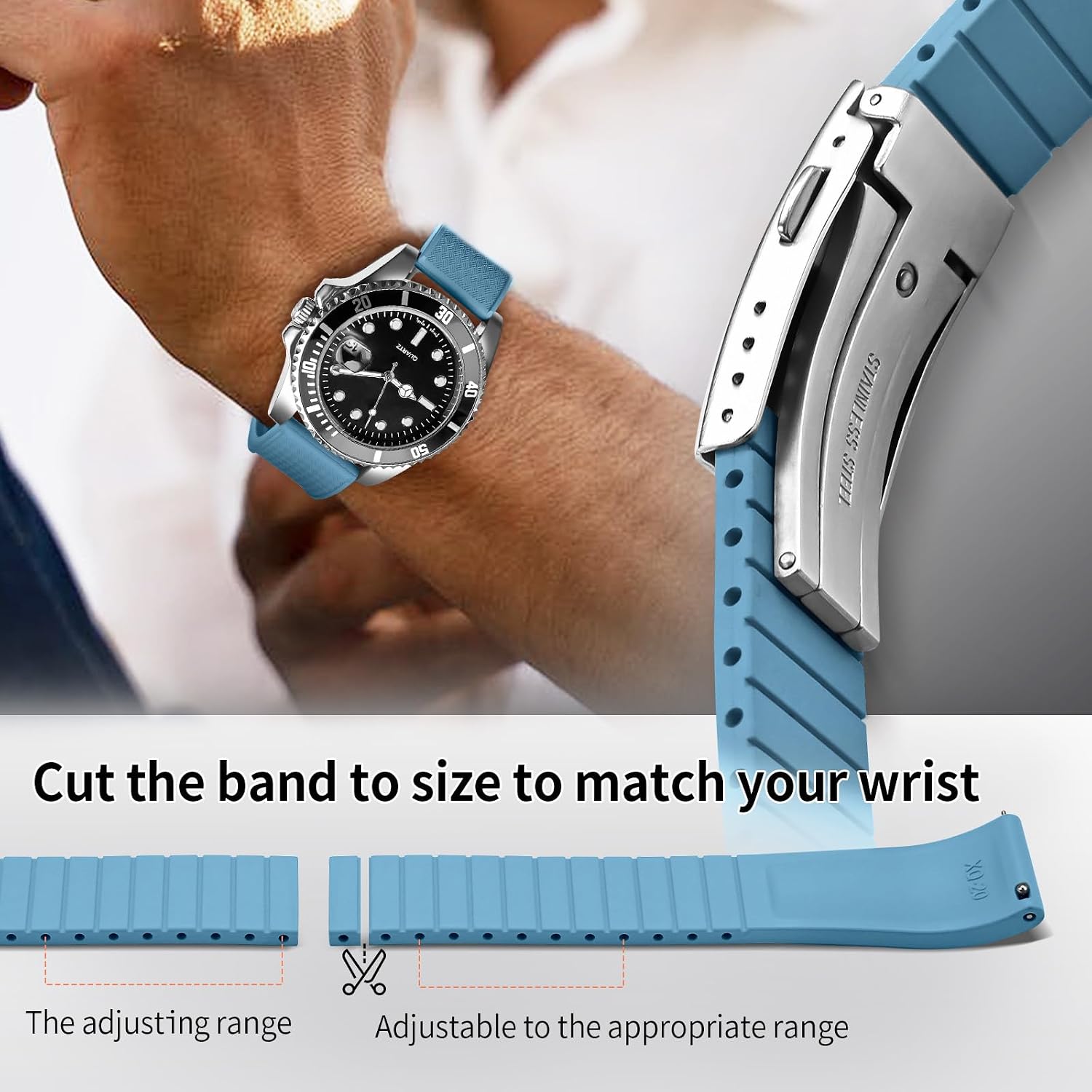 FKM Rubber Watch Strap, Cut to Size Quick Release Fluororubber Watch Band Soft Replacement Watchband with Silver Milled Clasp for Men Women 18mm 19mm 20mm 21mm 22mm