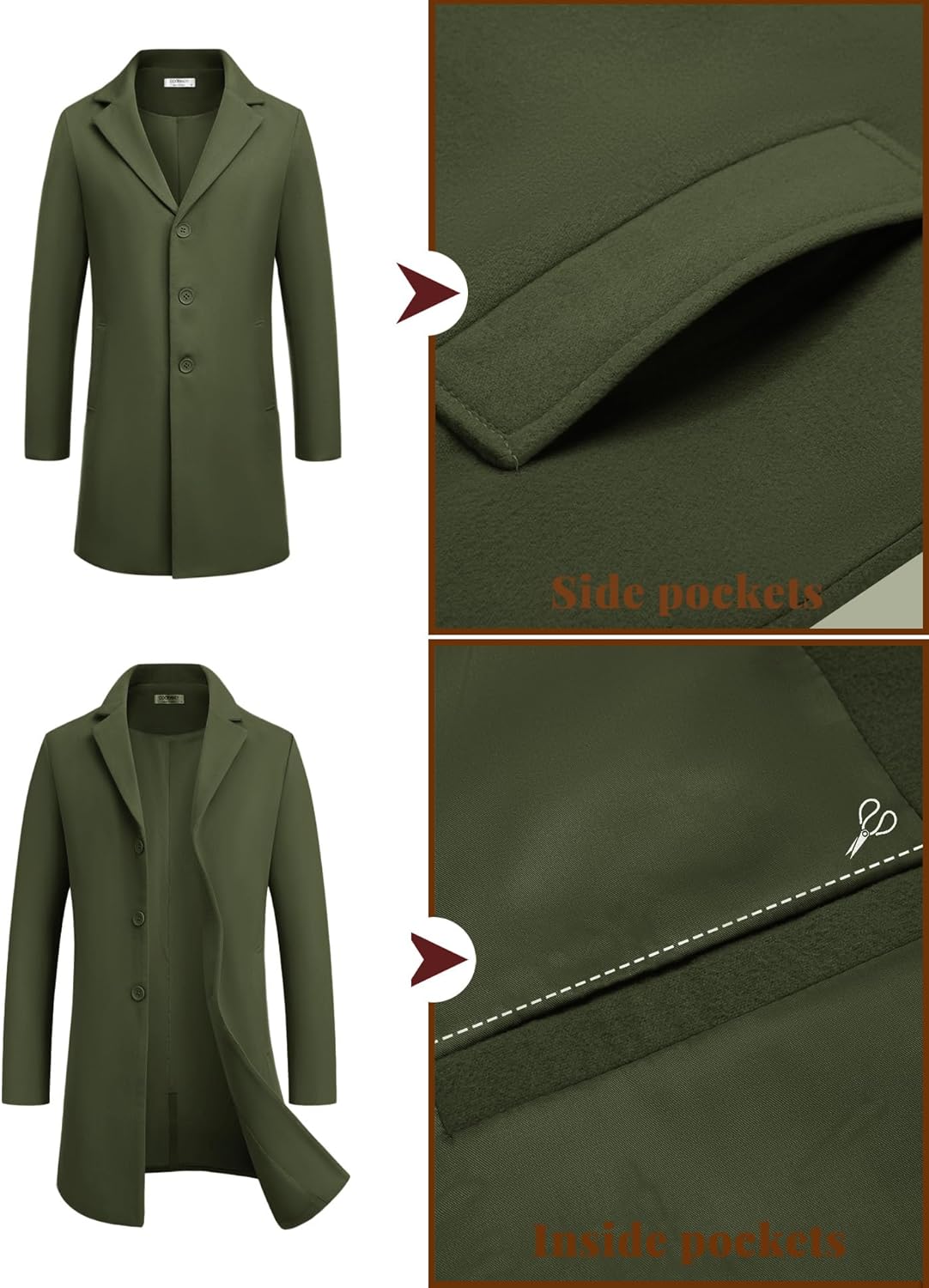 COOFANDY Mens Wool Blend Coat Winter Trench Coats Notched Lapel Collar Single Breasted Overcoat Classic Peacoat With Pockets - Image 6