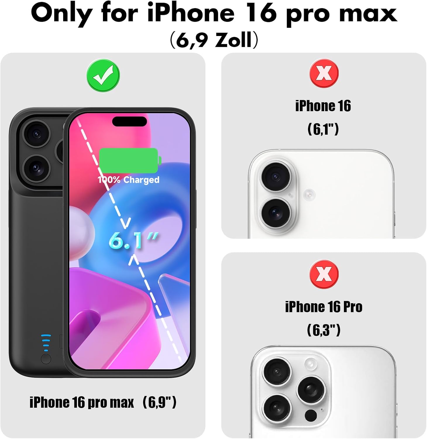 Battery Case for iPhone 16 Pro Max (6.9 Inch) 5000mAh, Slim Rechargeable Extended Charging Case Power Bank with Stand, Portable Protective Phone Case with Battery for iPhone 16 Pro Max Black