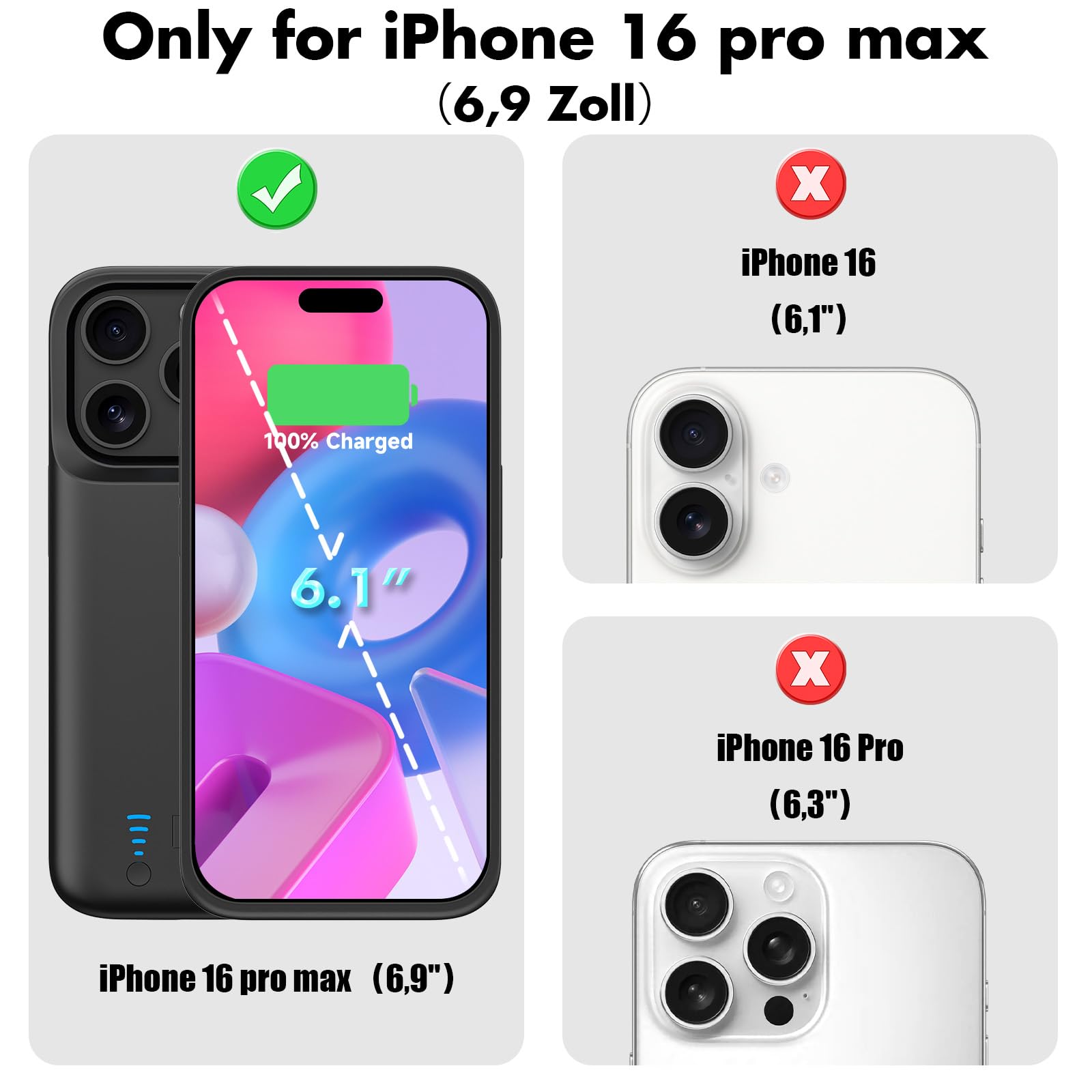Etui na baterię do iPhone 16 Pro Max, prawdziwe 8500 mAh, smukłe, z możliwością ponownego ładowania, przenośne etui ochronne na telefon z baterią do iPhone 16 Pro Max, czarne