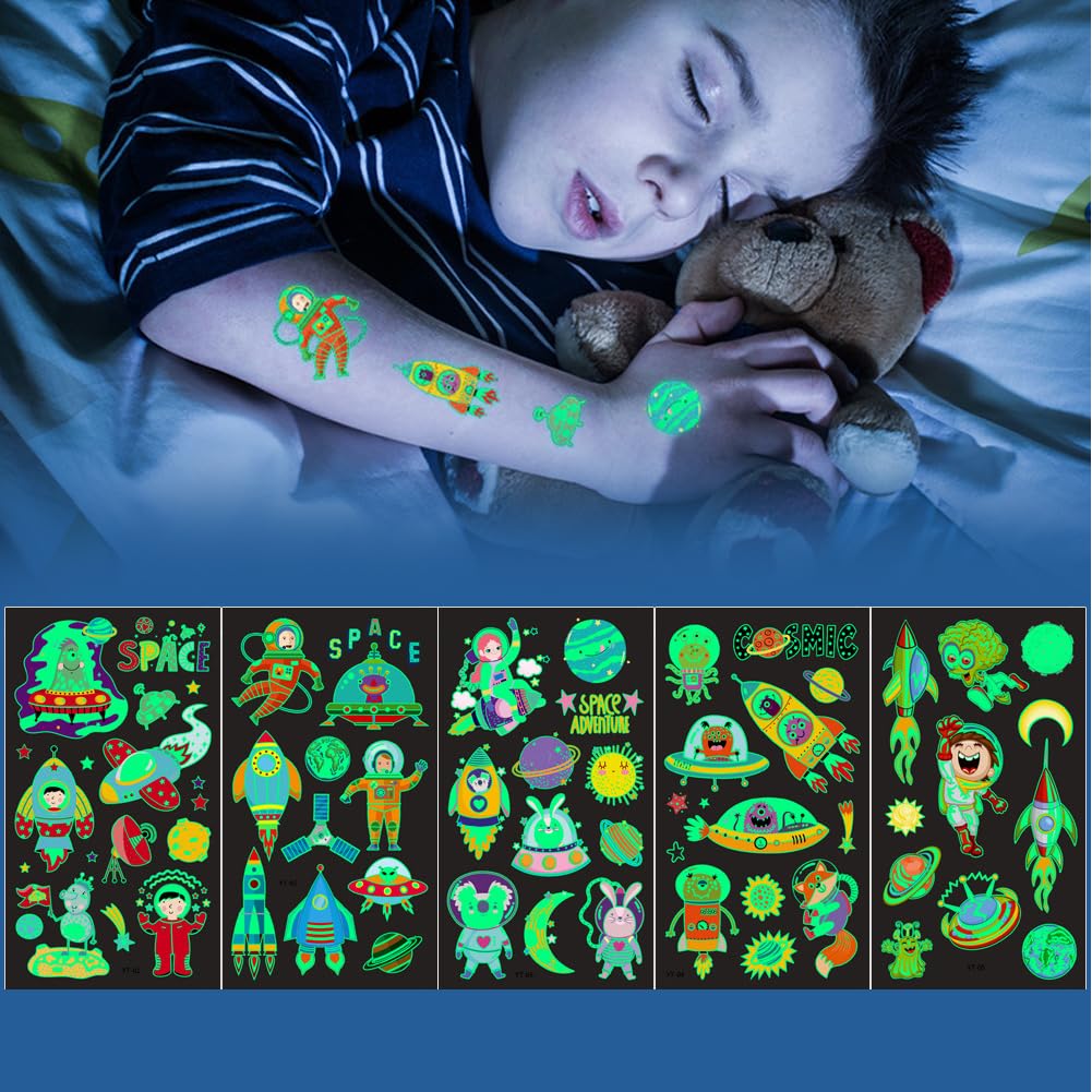 Space Temporary Tattoos,10 Sheets Luminous Planet Fake Tattoo Stickers Glow in Dark Astronaut Rocketship Universe Tattoos for Boys Girls Kids Party Supplies - Image 4