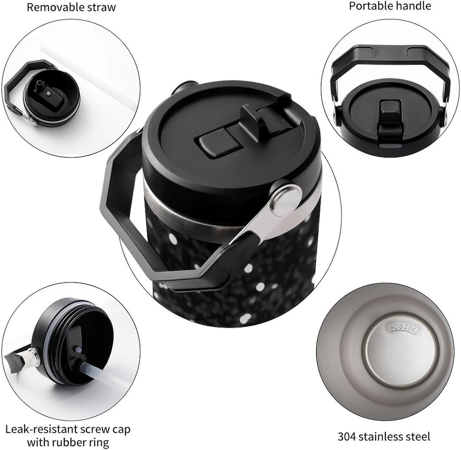 Black White Glitter Water Bottle 30 Oz Fits Car Cup Holder,Insulated Coffee Mug Large Capacity Car Cups,Stainless Steel Double Wall Sport Bottle for Travel Sports Gym