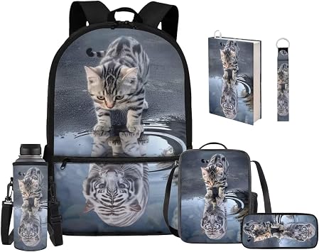Upetstory Cat Tiger Backpack for Girls 4-6 6-8 8-10 School Bags with Lunch Box and Pencil Case 6 in 1 School Backpacks Set Kids Water Bottle Sleeve Student Book Cover Elementary Bookbag Keychain
