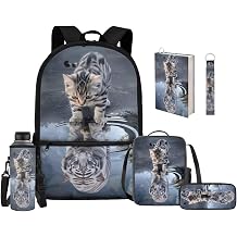 Upetstory Cat Tiger Backpack for Girls 4-6 6-8 8-10 School Bags with Lunch Box and Pencil Case 6 in 1 School Backpacks Set Kids Water Bottle Sleeve Student Book Cover Elementary Bookbag Keychain