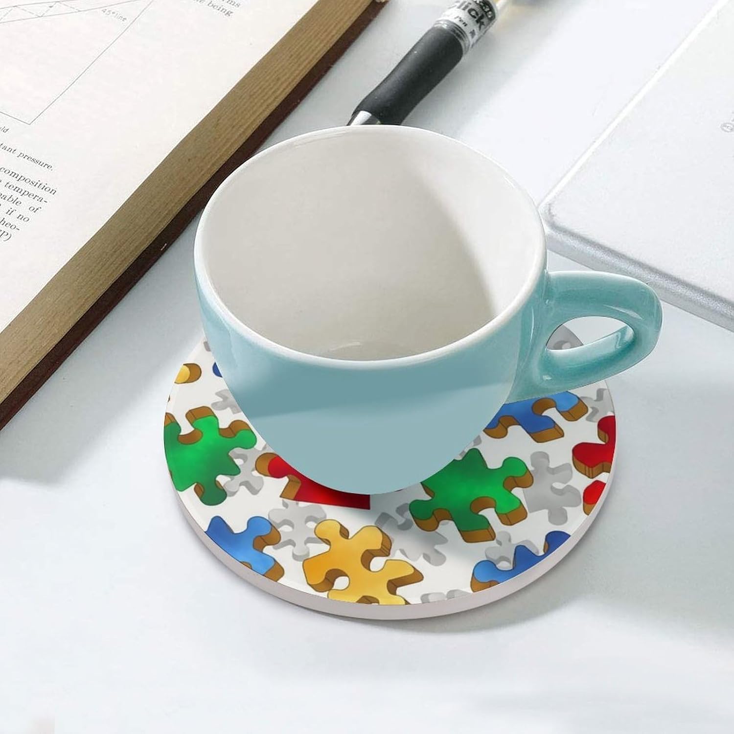 Autism Puzzle Circular Ceramic Absorbent Coaster, Suitable for Various Cups 6PCS