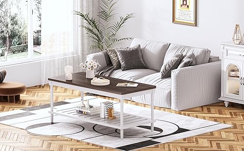 Miniatura 6 de Mesa de centro de granja, madera maciza + MDF rústica, vintage, mesas de sala de estar con estante, marrón y blanco, 43 pulgadas