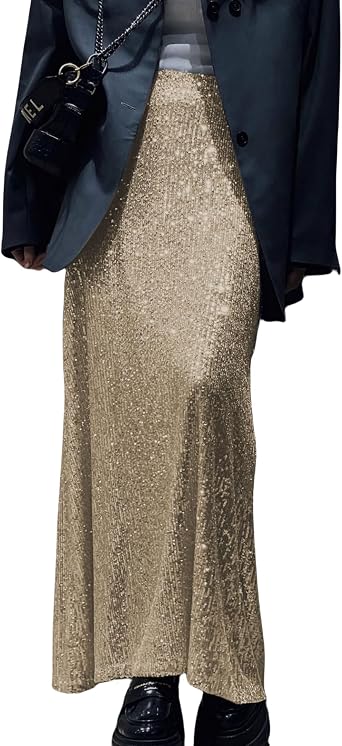 JUMISEE Womens Silver Sequin Midi Skirt Stretchy High Waist Long Skirt Glitter Pencil Skirt for Night Out Party