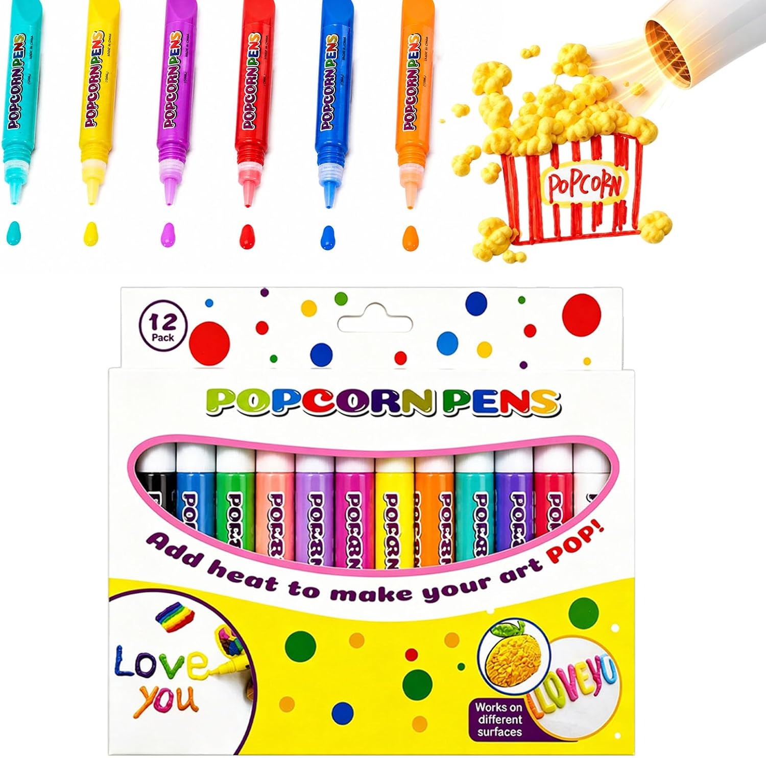 Popcorn Pen, 3D Magic Popcorn Pens, DIY Puffy Embellish Decorate Graffiti Stationery for Greeting Birthday Cards Kids Christmas (1Box-12pcs)
