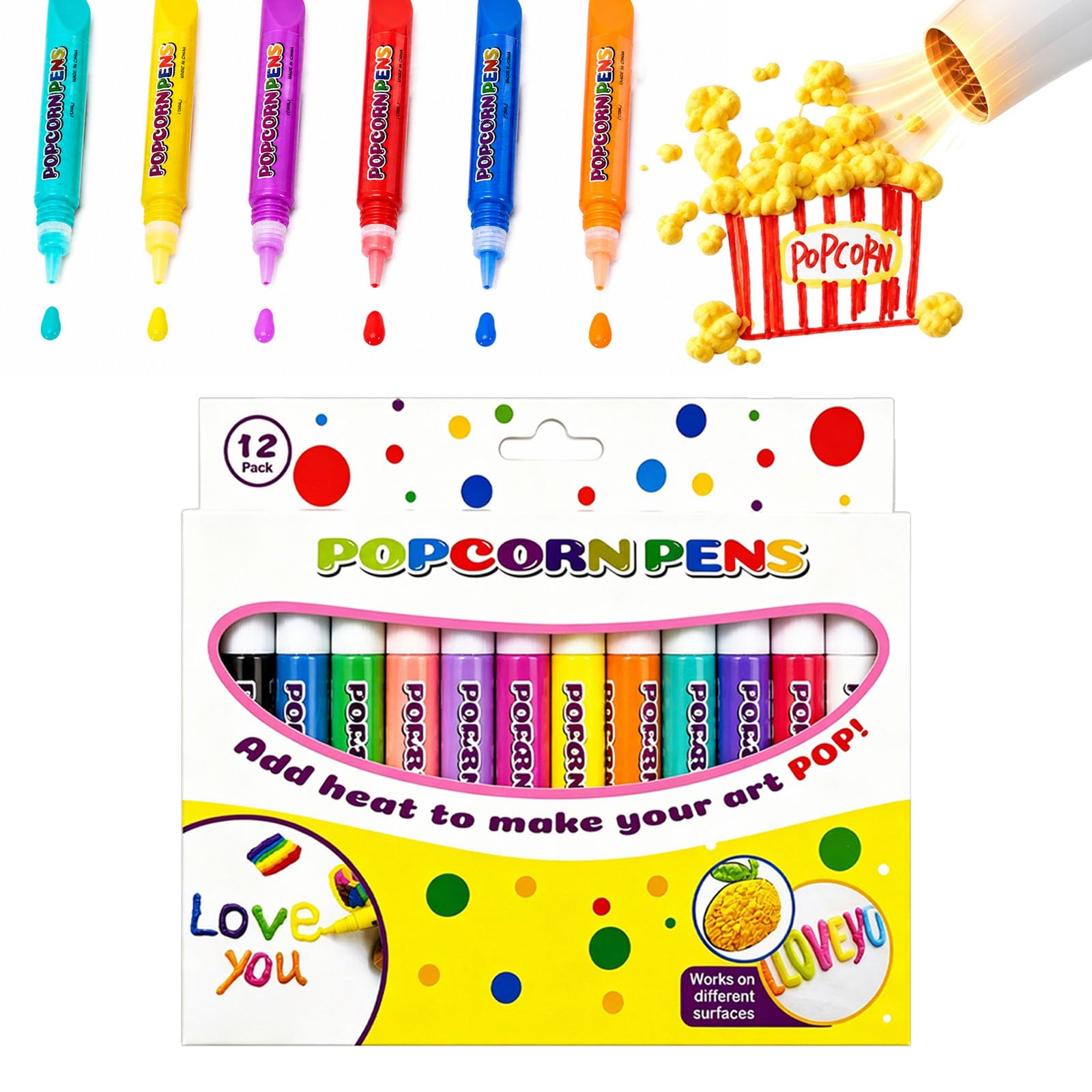Popcorn Pen, 3D Magic Popcorn Pens, DIY Puffy Embellish Decorate Graffiti Stationery for Greeting Birthday Cards Kids Christmas (1Box-12pcs)