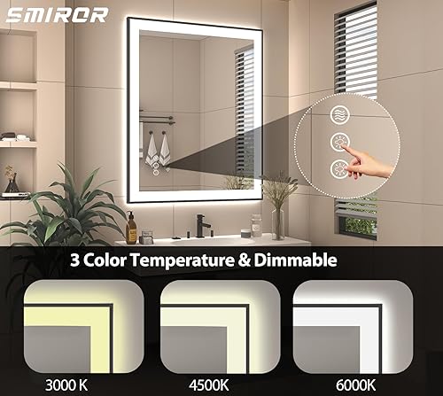 Miniatura 3 de Espejos iluminados de 28 x 36 pulgadas con marco negro para pared de baño, espejos LED inteligentes, delanteros y retroiluminados, regulables,