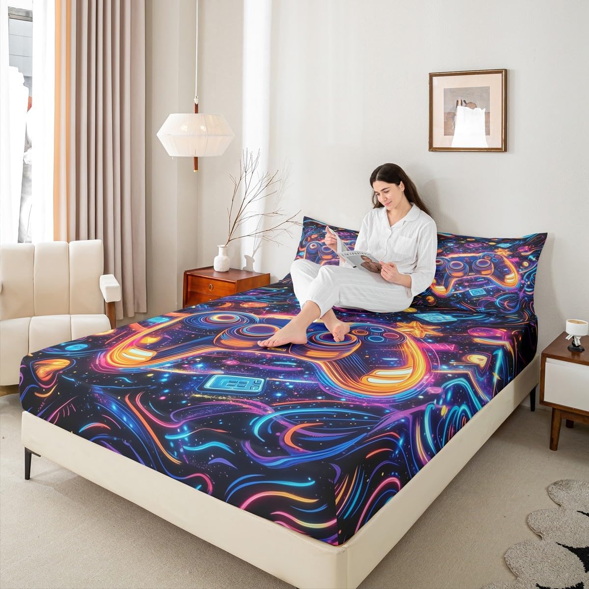 jejeloiu Gamer Boys Bed Sheets Set Twin Size, Kids Colorful Gaming Fitted Sheet for Girls Teens, Purple Hexagonal Bedding Set Breathable Soft Lightweight Microfiber Game Room Decor 2Pcs image 5