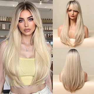 Blonde Wig with Bangs Ombre Blonde Wigs for White Women 24 Inch Long Straight Wigs Layered Synthetic Wig Highlight Straight Blonde Wig Natural Looking Hair Replacement Wigs for Girls Daily Party Use