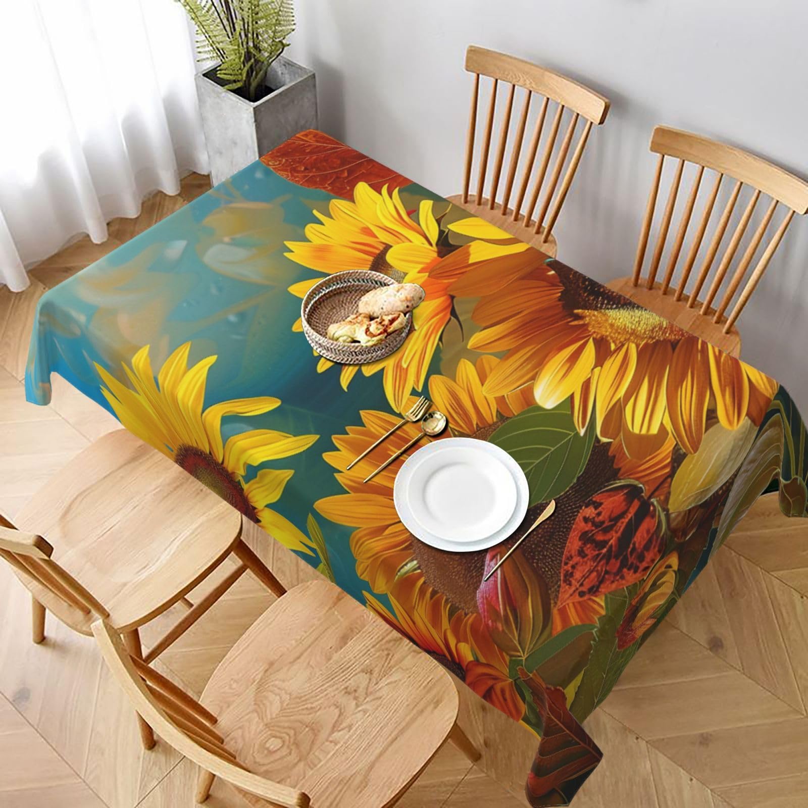 WPKJU Yellow Sunflowers Printed Tablecloth 60x90 in Water Resistant Table Cover Washable Rectangle Table Cloth for Dining Tables