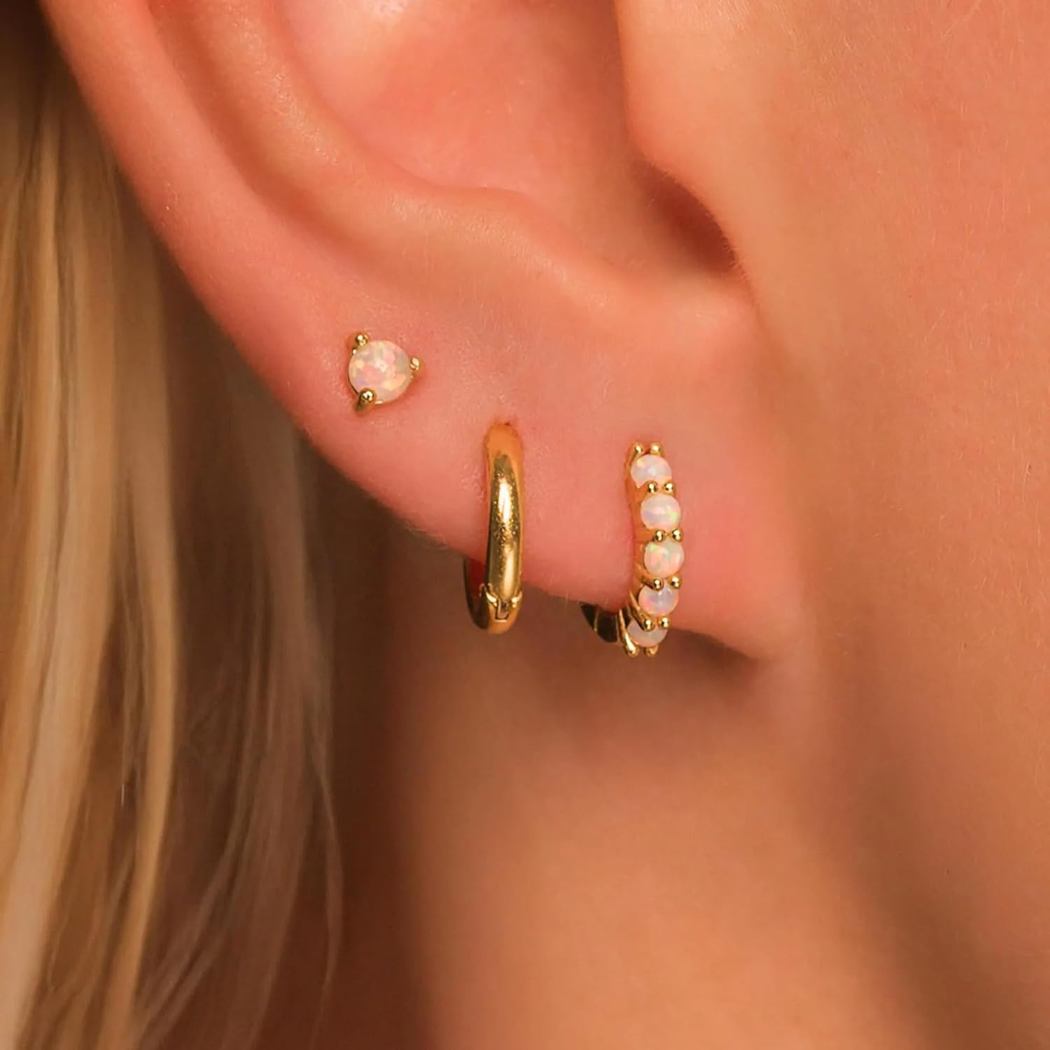 Opal Earrings Set for Women Gold Huggie Hoop Earrings 14k Gold Plated Earring Stacks Dainty Small Hoop Earring Stud Opal Jewelry Birthday Gifts For Women Mom Her - Image 3