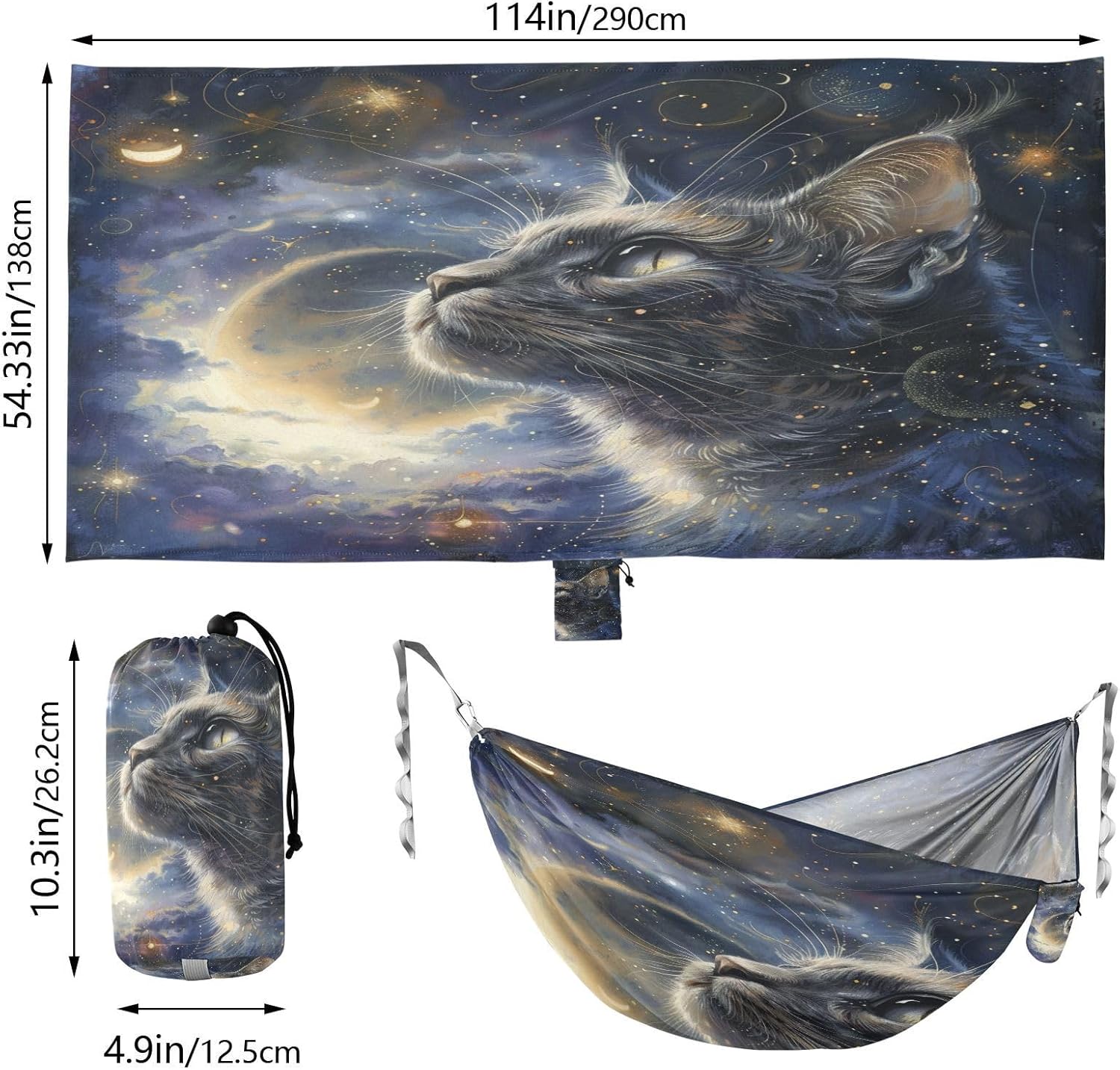 ALAZA Cat Kitten Starry Sky Galaxy Camping Hammocks Single or 2 Person 500 lbs Portable Parachute Travel Hammock w/Tree Straps for Hiking Backpacking Indoor Outdoor