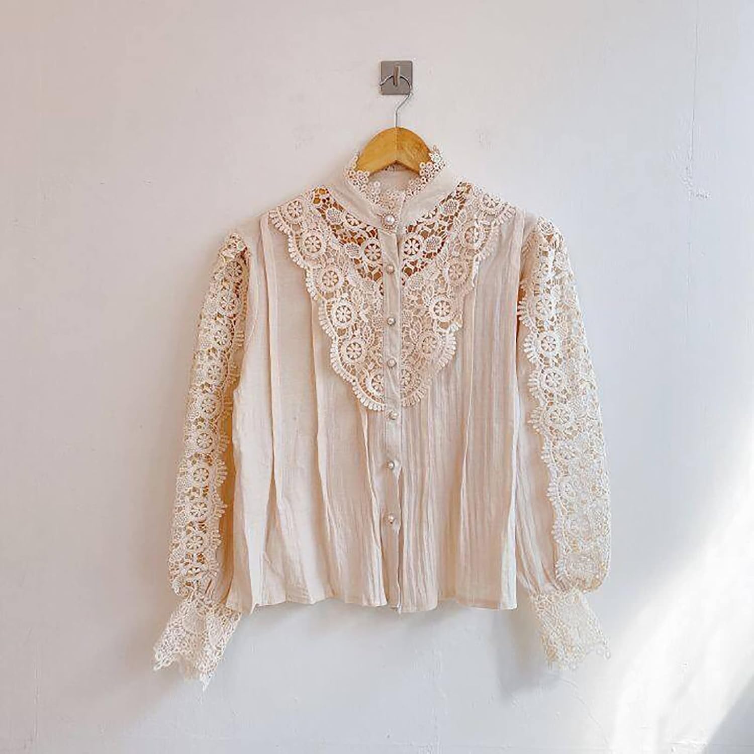 Womens Victorian Tops Dressy Casual Button Blouses Lantern Sleeve Vintage Pleated Embroidered Lace Halloween Shirts - Image 6
