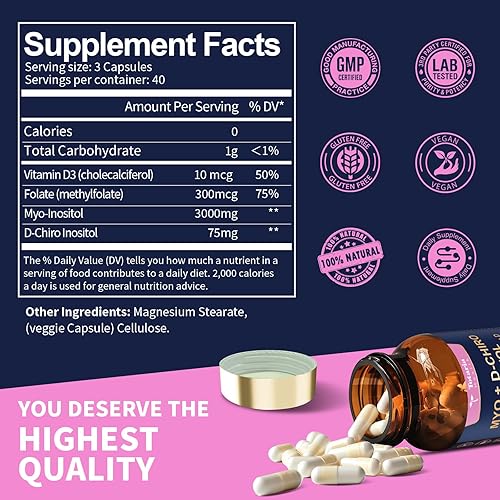 Miniatura 2 de Totaria Suplemento de mio-inositol y D-Chiro inositol Capules de 3075 mg, más vitamina D3 multivitamínico, folato, proporción ideal 401, equilibrio