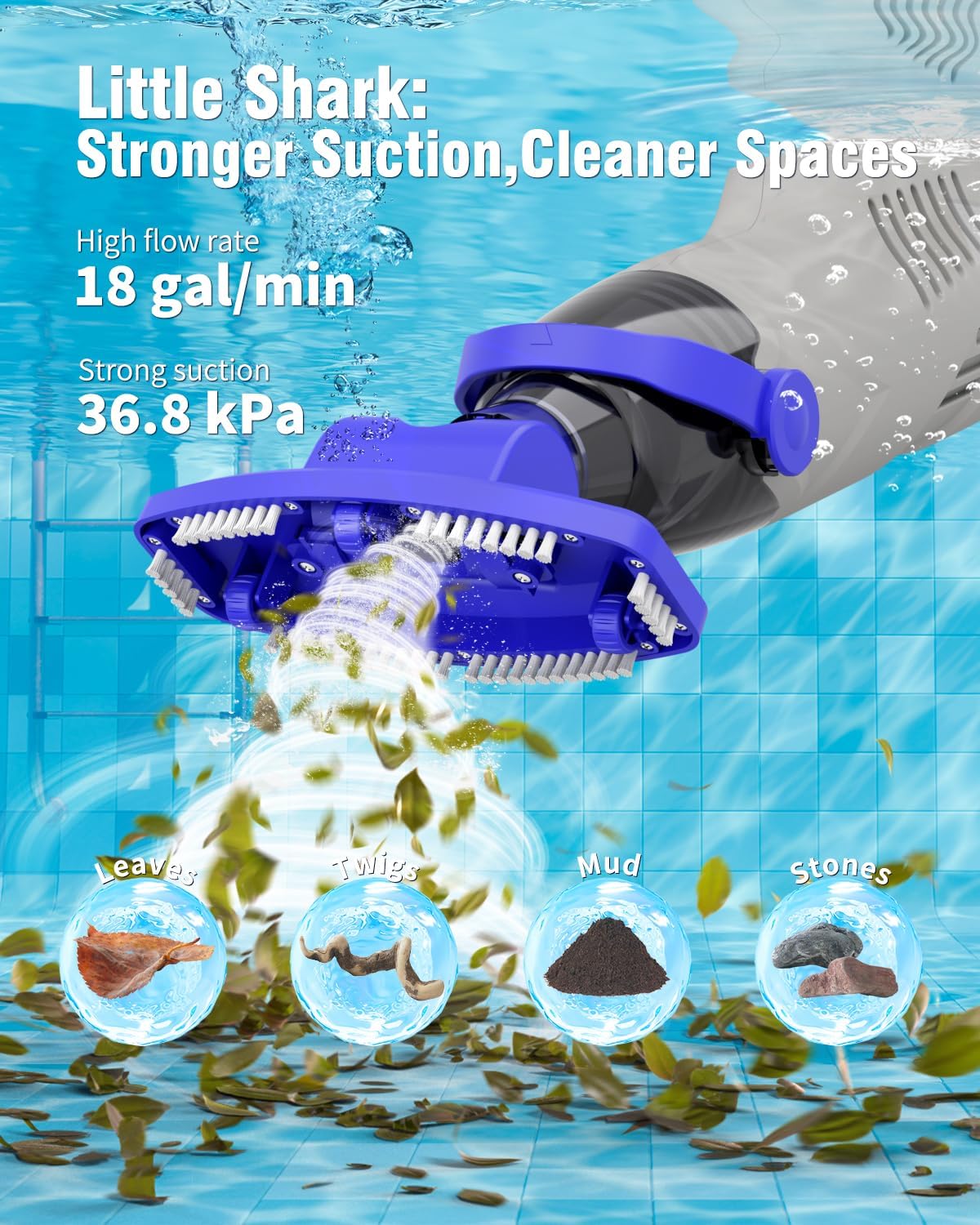 Little Shark Pool Vacuum for Above Ground Pool, Hot Tub Vacuum with a 60w Motor,18 Gal/Min Powerful Suction, Compact & Light Pool Vacuum with 5000mAh Battery, 1h Running Time