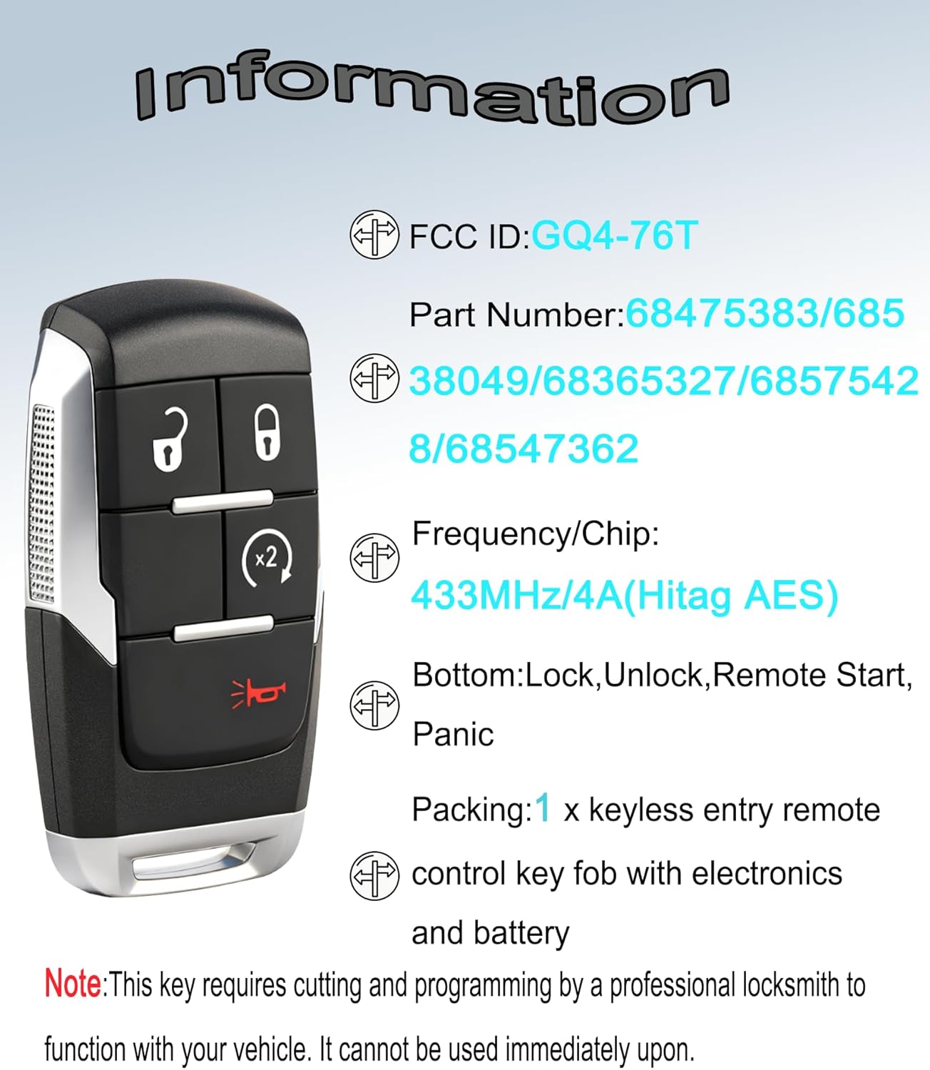 Smart Key for Dodge RAM 2019-2024, YIKEBALOG Proximity Remote Control Key Fob Replacement for Dodge RAM 2500 3500 4500 5500 GQ4-76T