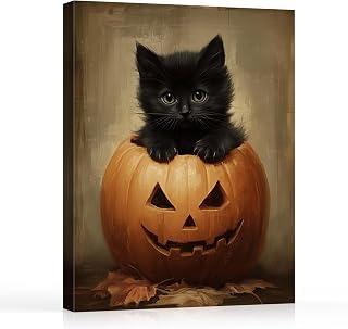 Vintage Halloween Canvas Wall Art, Cute Black Cat in Pumpkin Canvas Print Poster, Retro Oil Painting Witchy Artwork Victorian Gothic Wiccan Decoration Pictures Halloween Eerie Aesthetics, 8x10 Framed