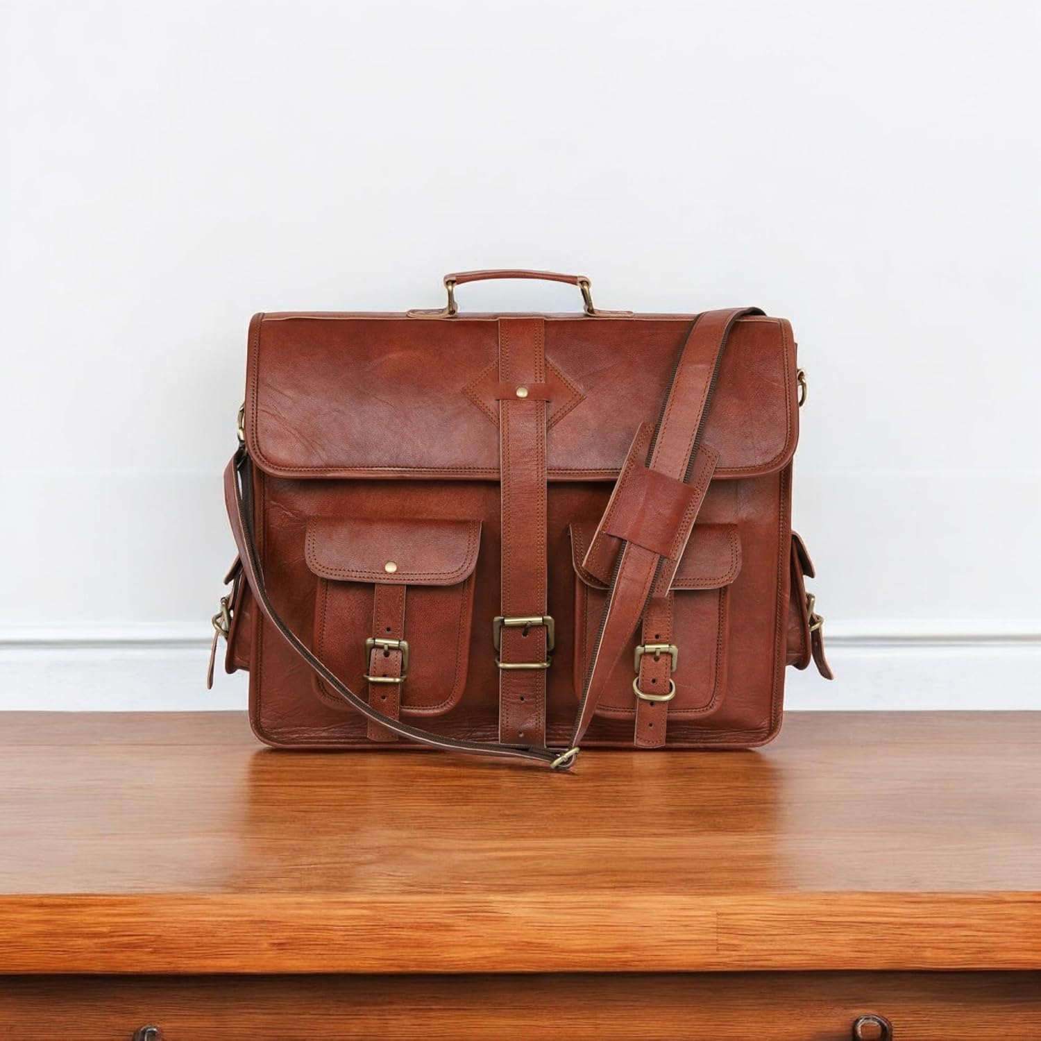 Vintage Leather Laptop Bag for Men - Full Grain Large Messenger Bag 18 Inches With Rustic Look - Best Brown Briefcase