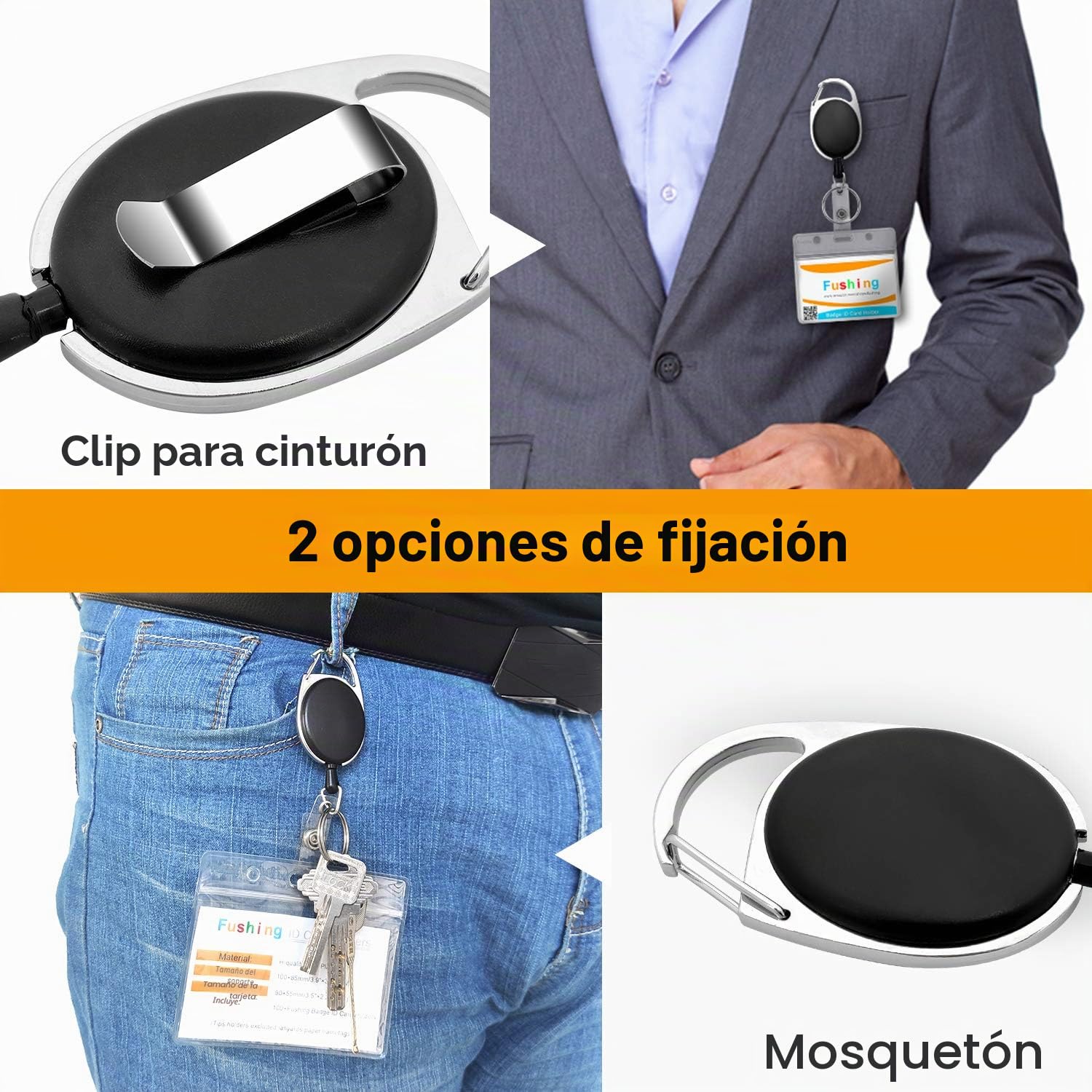 Fushing - Lote de 10 soportes retráctiles para tarjetas de identificación, de plástico transparente y resistente al agua, con carrete de insignia retráctil, mosquetón y anillo (Horizontal)