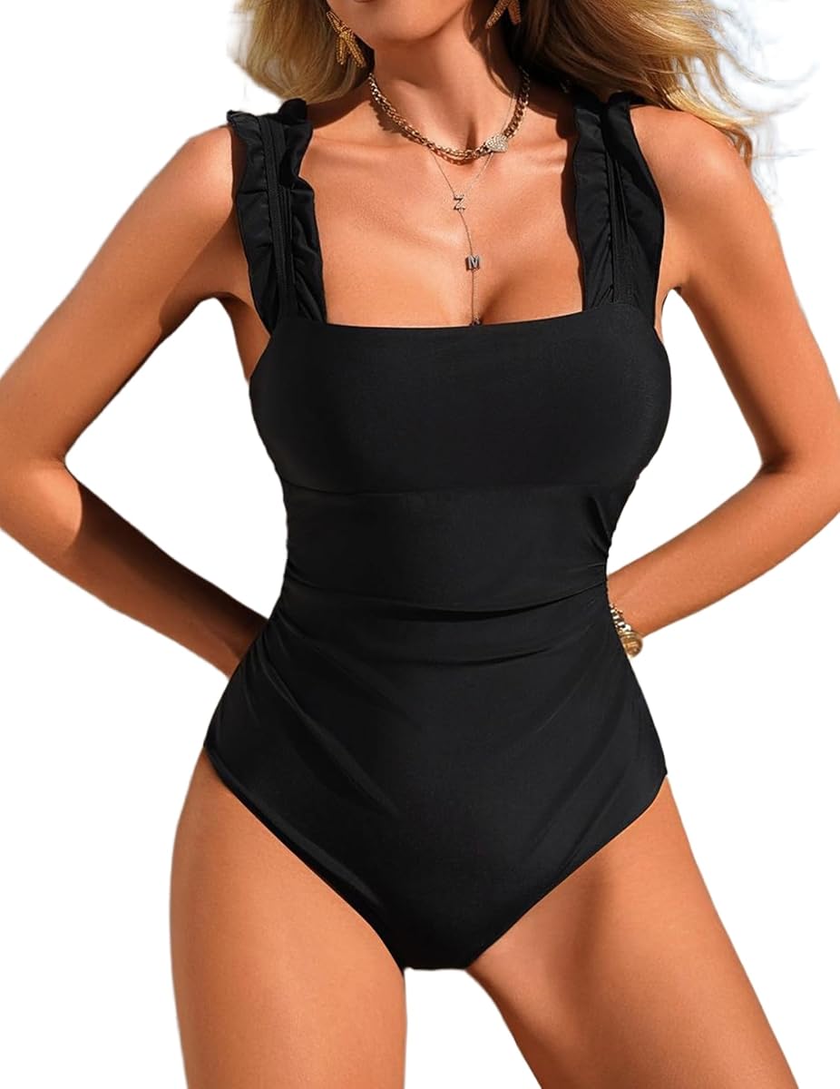 Ekouaer Women's One Piece Swimsuits Tummy Control Bathing Suit Swimwear | Square Neck, Ruffled Straps with Adjustable, Slimming Monokini, Beach, Swimming Pool, Cruise Vacation