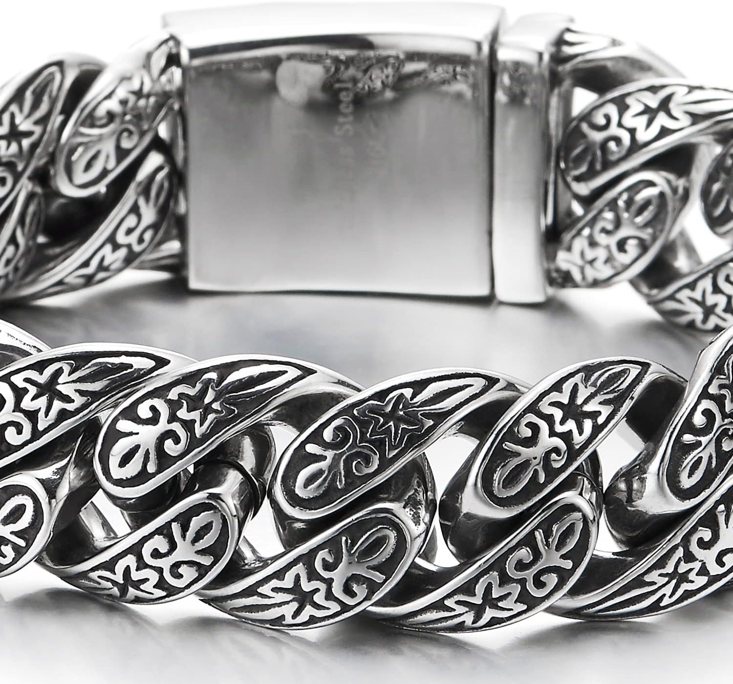 COOLSTEELANDBEYOND Mens Fancy Vintage Stainless Steel Tribal Tattoo Pattern Curb Chain Bracelet with Spring Box Clasp